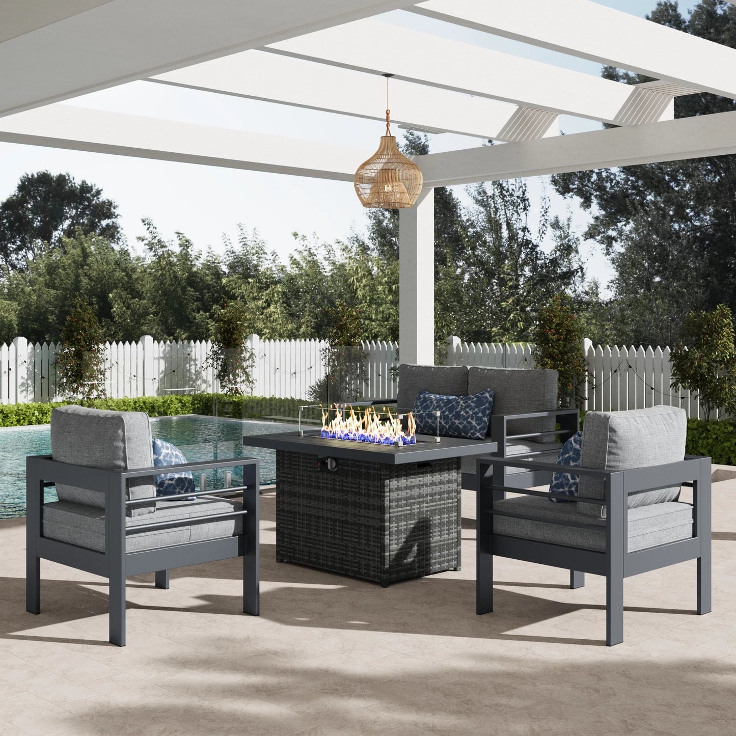 LayinSun 4 - Piece Outdoor Aluminum Loveseat Set with 44'' Propane Gas Fire Pit Table