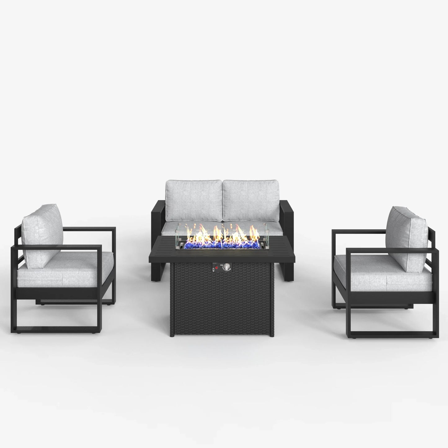 LayinSun 4 Piece Hight Back Aluminum Outdoor Loveseat Set with Propane Fire Pit Table