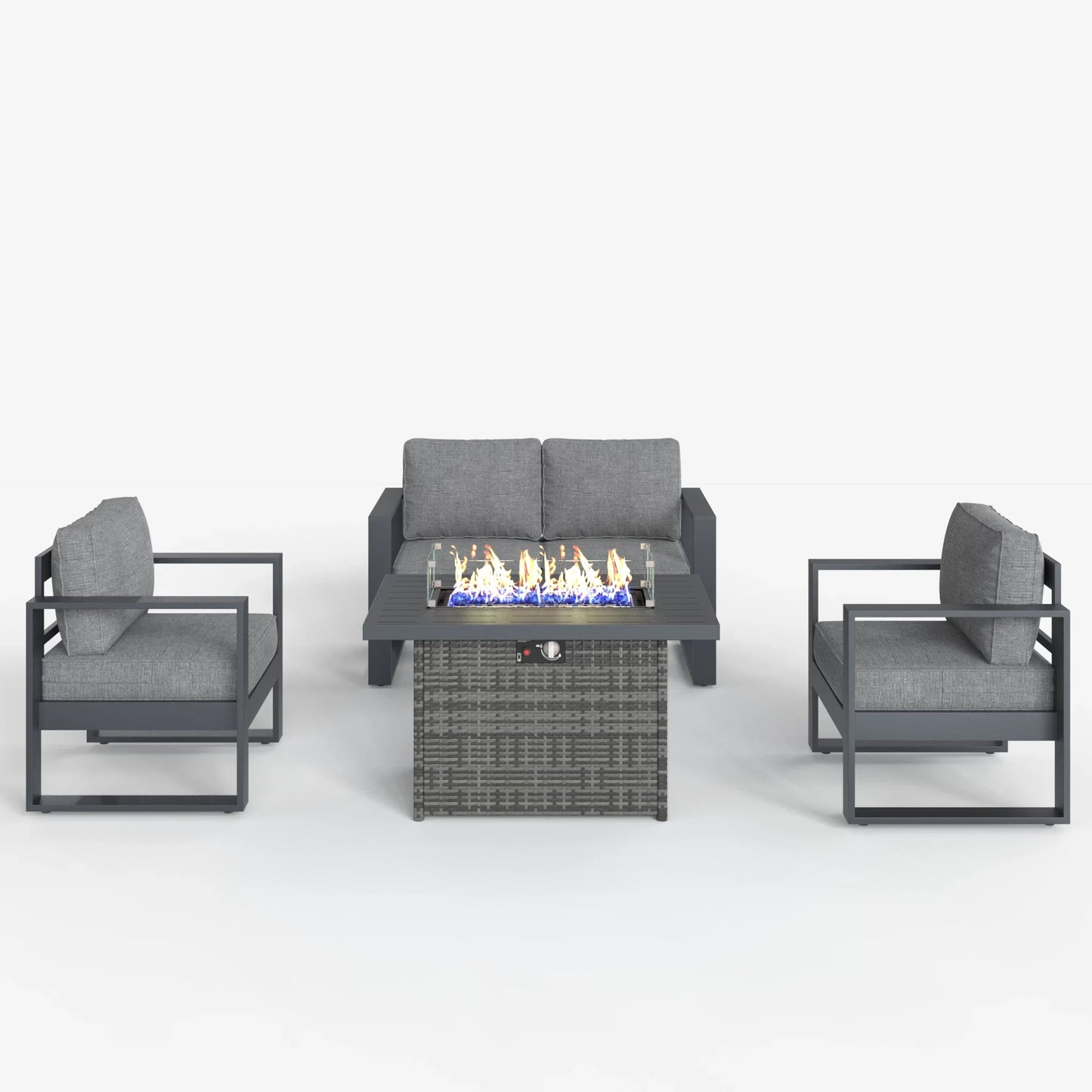 LayinSun 4 Piece Hight Back Aluminum Outdoor Loveseat Set with Propane Fire Pit Table