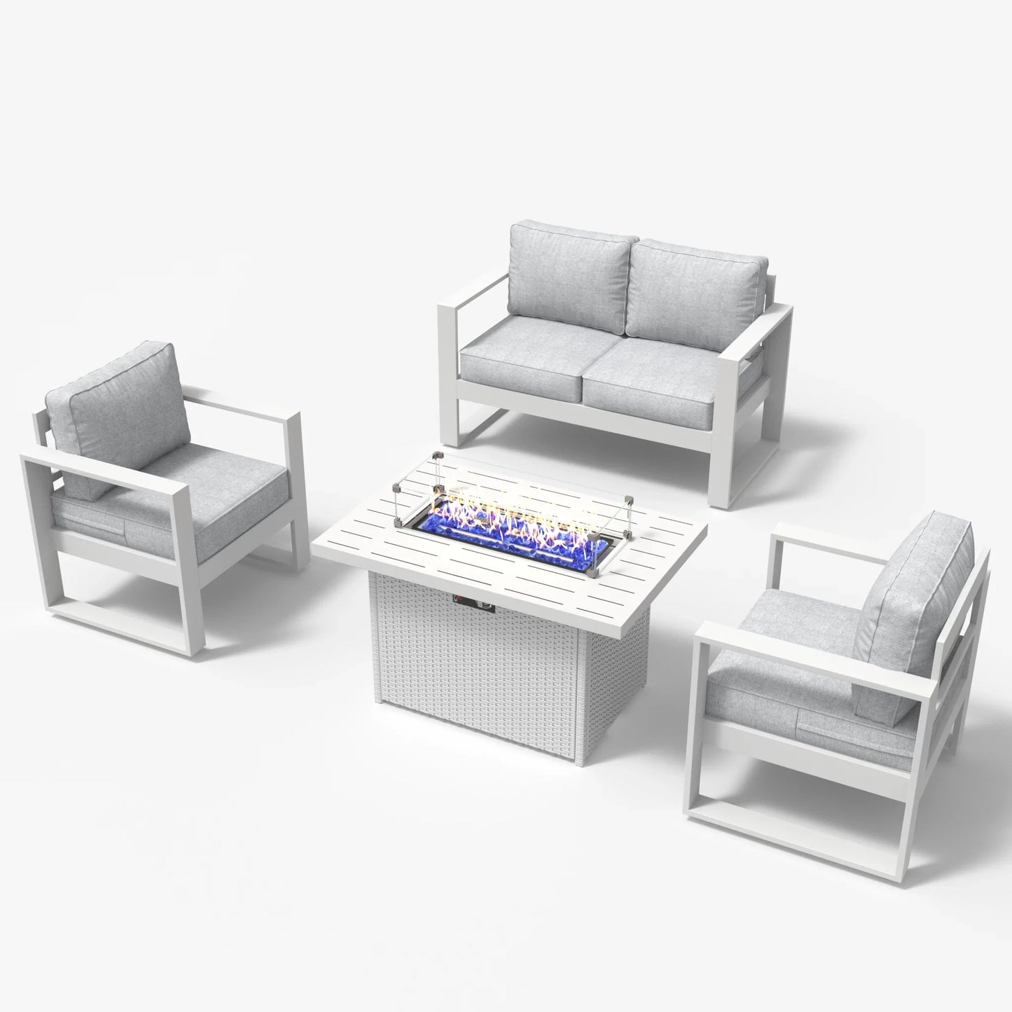LayinSun 4 Piece Hight Back Aluminum Outdoor Loveseat Set with Propane Fire Pit Table