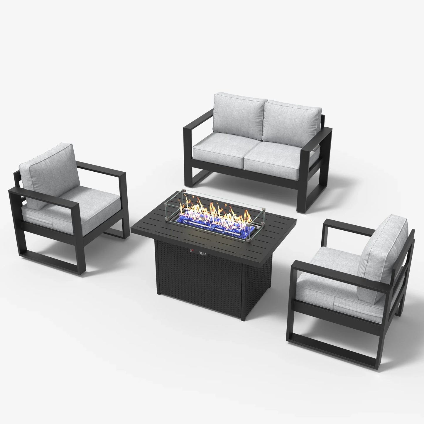 LayinSun 4 Piece Hight Back Aluminum Outdoor Loveseat Set with Propane Fire Pit Table