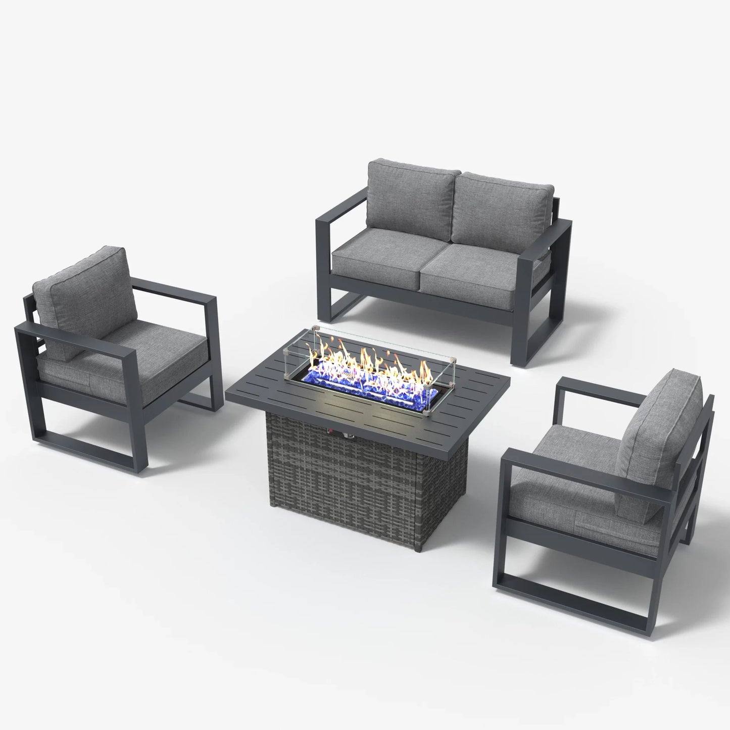 LayinSun 4 Piece Hight Back Aluminum Outdoor Loveseat Set with Propane Fire Pit Table