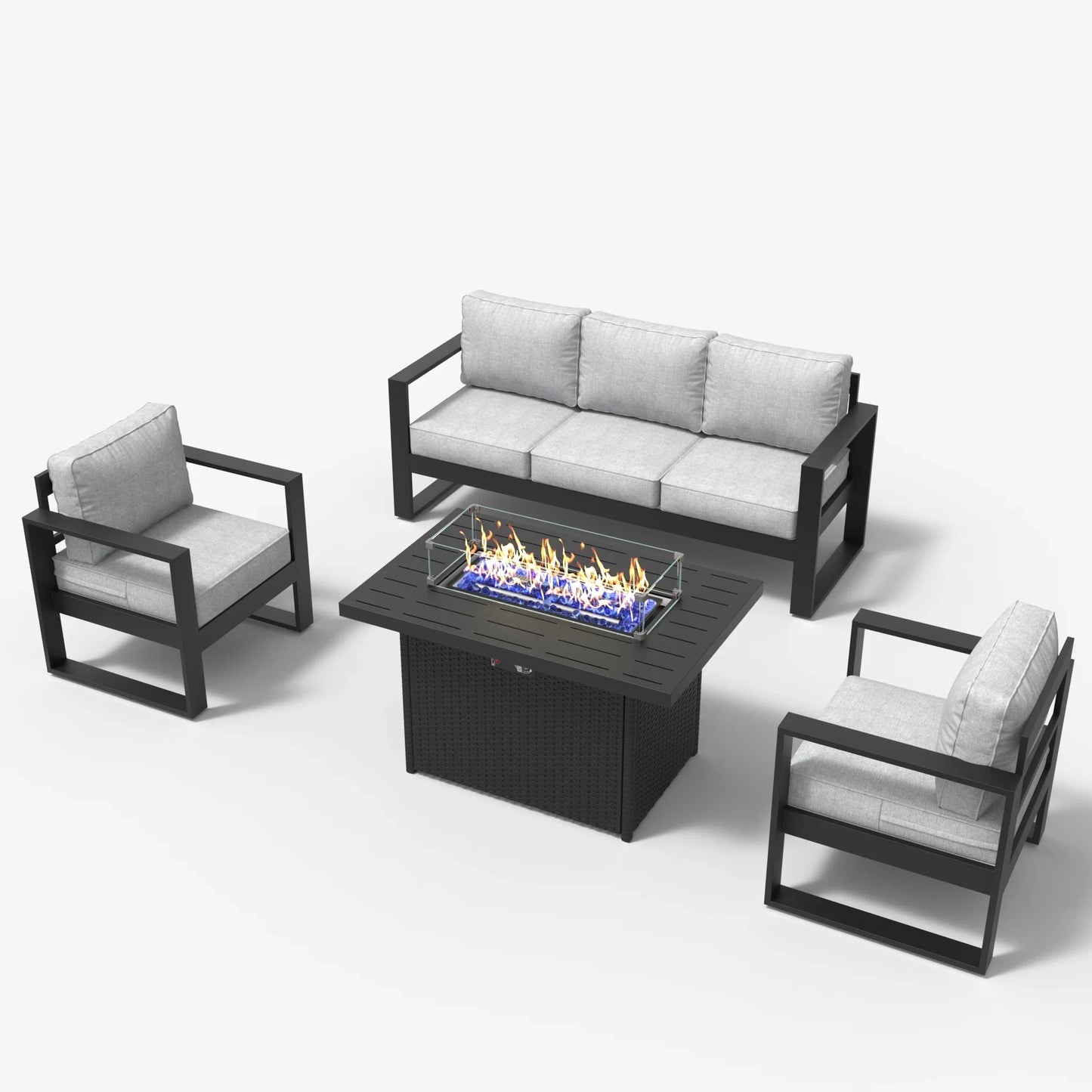 LayinSun 4 Piece Hight Back Aluminum Outdoor Sofa Set with Propane Fire Pit Table