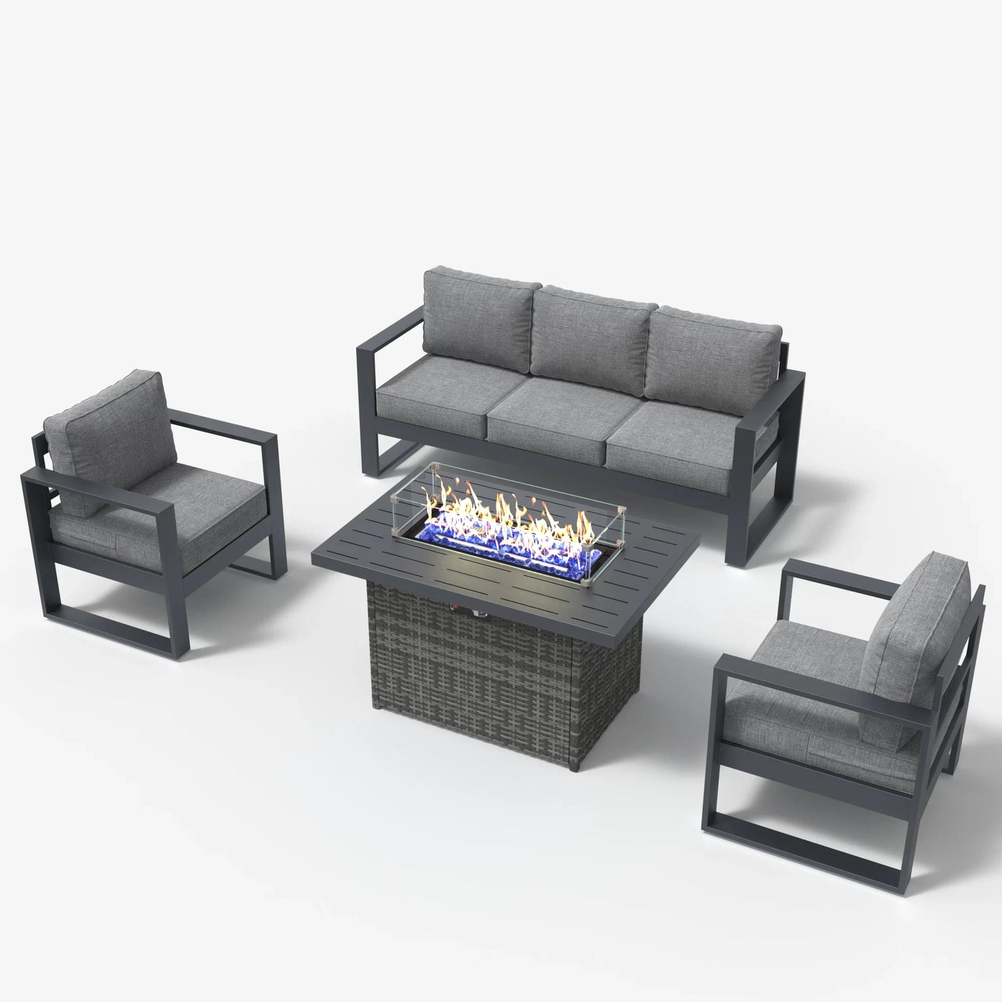 LayinSun 4 Piece Hight Back Aluminum Outdoor Sofa Set with Propane Fire Pit Table