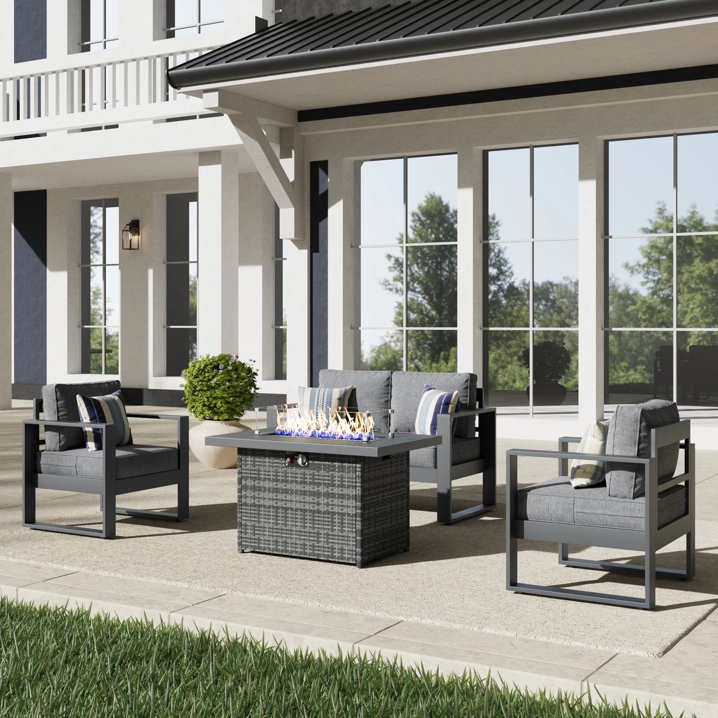 LayinSun 4 Piece Hight Back Aluminum Outdoor Loveseat Set with Propane Fire Pit Table