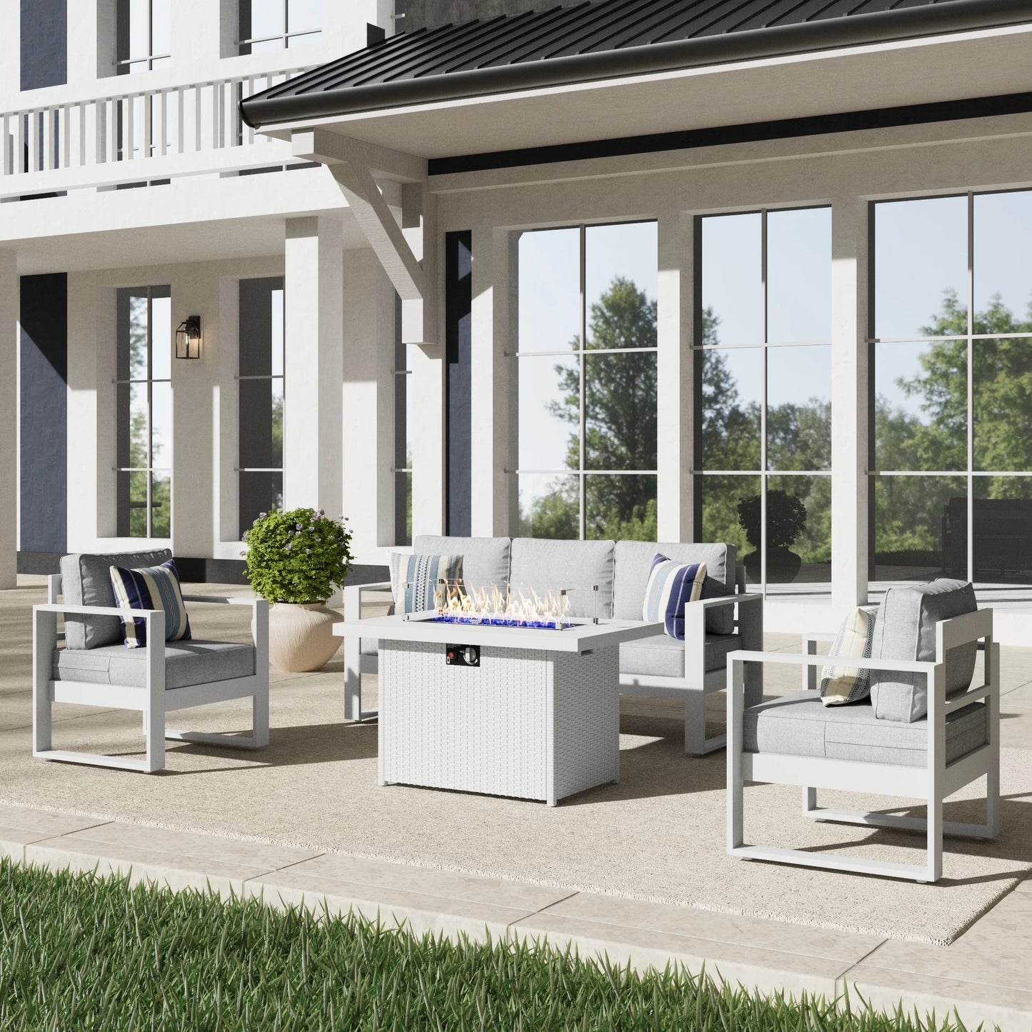 LayinSun 4 Piece Hight Back Aluminum Outdoor Sofa Set with Propane Fire Pit Table