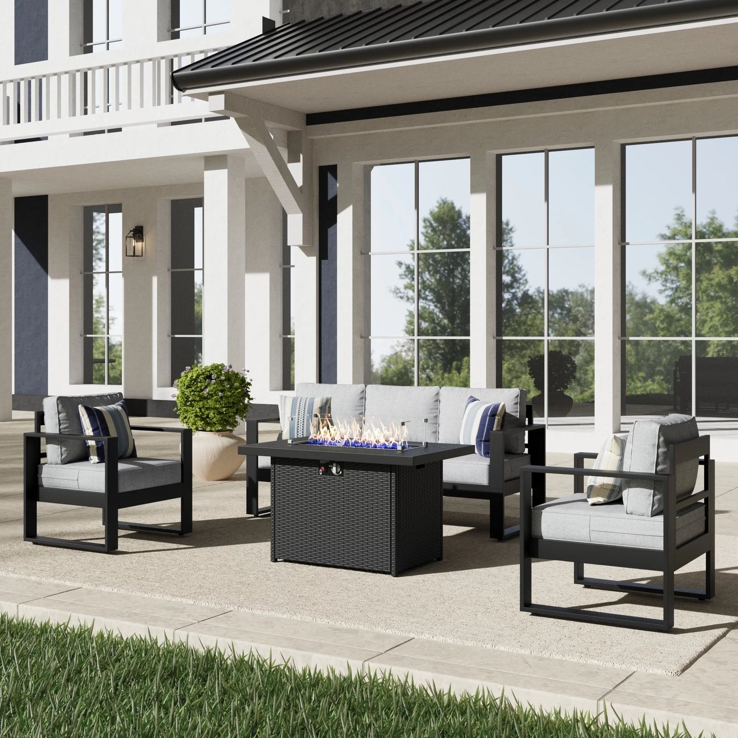 LayinSun 4 Piece Hight Back Aluminum Outdoor Sofa Set with Propane Fire Pit Table