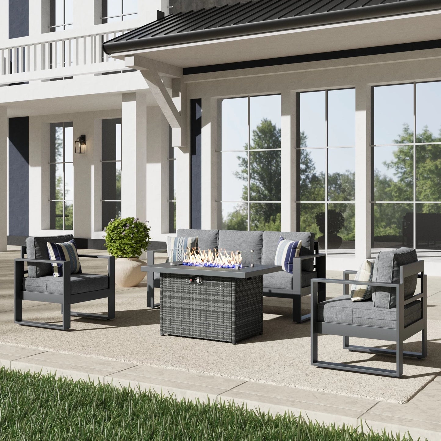 LayinSun 4 Piece Hight Back Aluminum Outdoor Sofa Set with Propane Fire Pit Table
