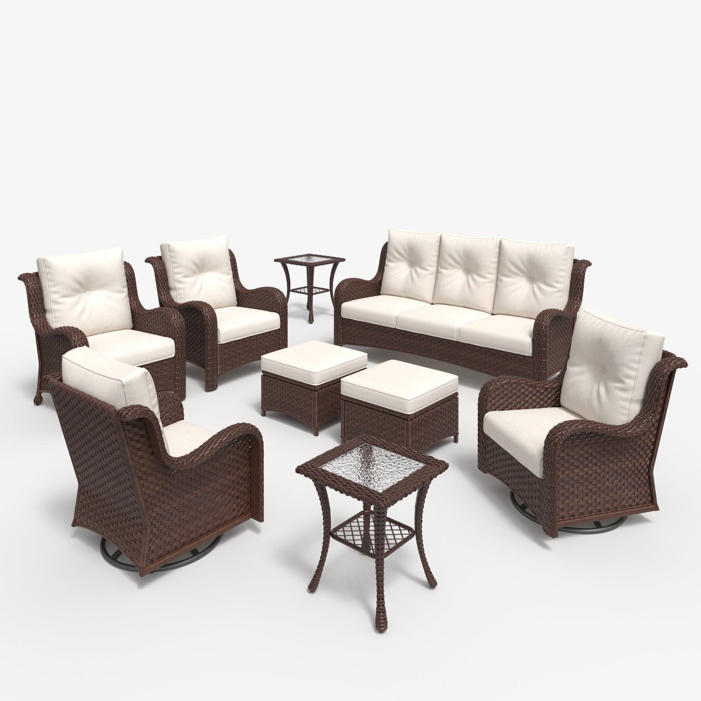 LayinSun 9 - Piece Curved Armrest Wicker Swivel Glider Lounge Chairs & Sofa Set