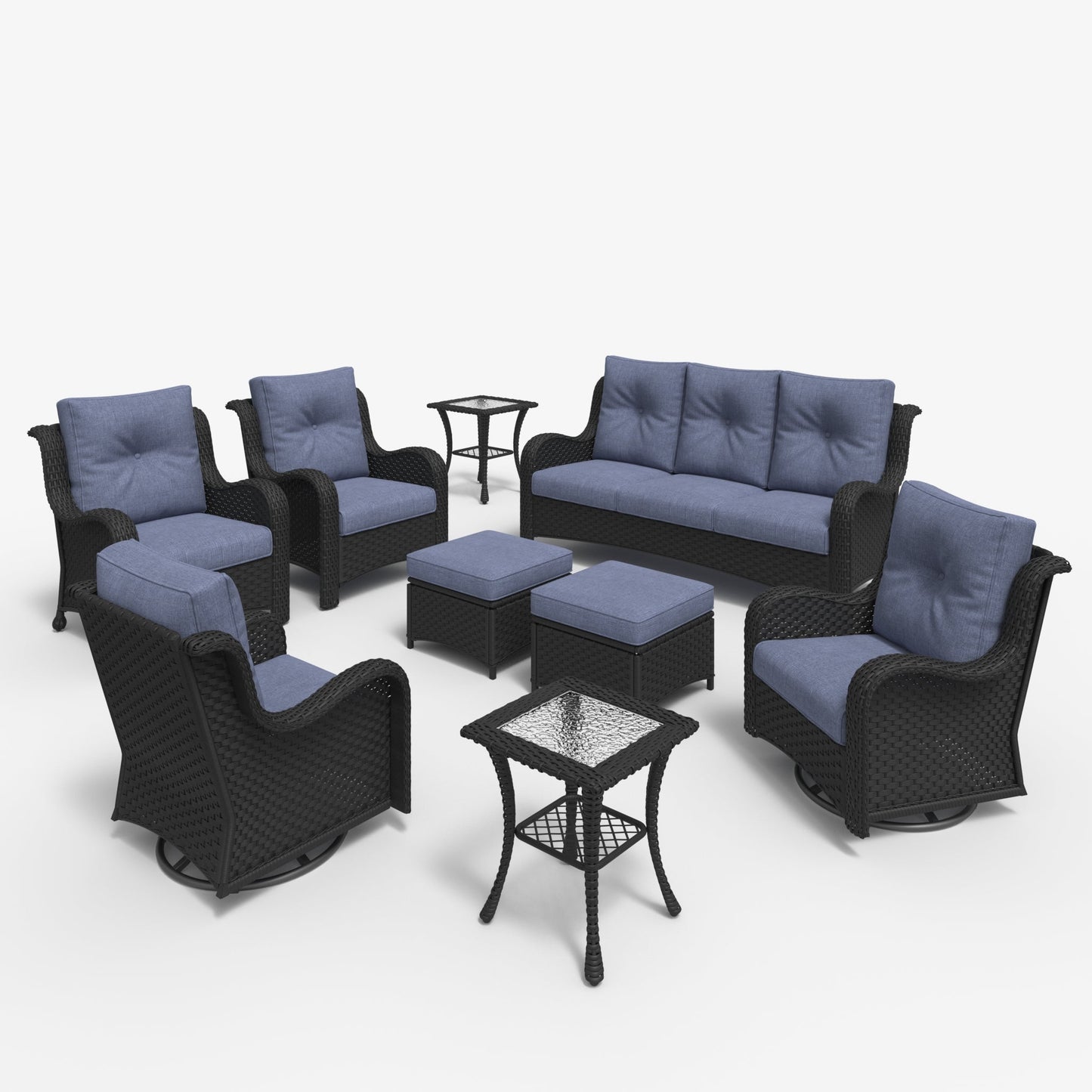 LayinSun 9 - Piece Curved Armrest Wicker Swivel Glider Lounge Chairs & Sofa Set