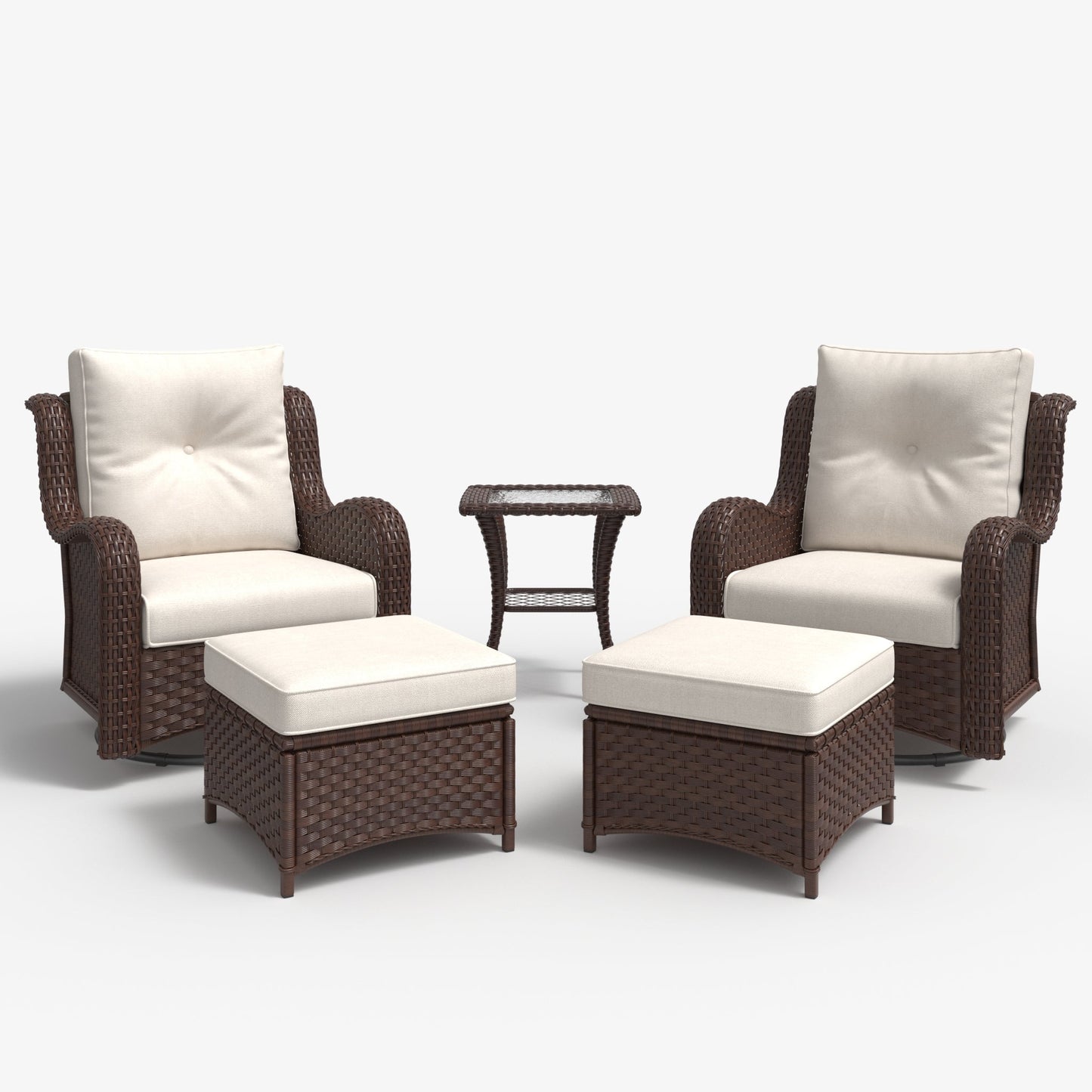 LayinSun 5 - Piece Curved Armrest Wicker Swivel Glider Lounge Chairs Set with Ottomans
