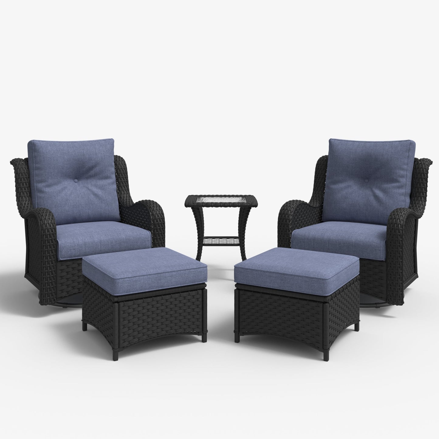 LayinSun 5 - Piece Curved Armrest Wicker Swivel Glider Lounge Chairs Set with Ottomans