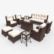 LayinSun 10 - Piece Outdoor Conversation Set with 44'' Propane Fire Pit Table and Swivel Chairs