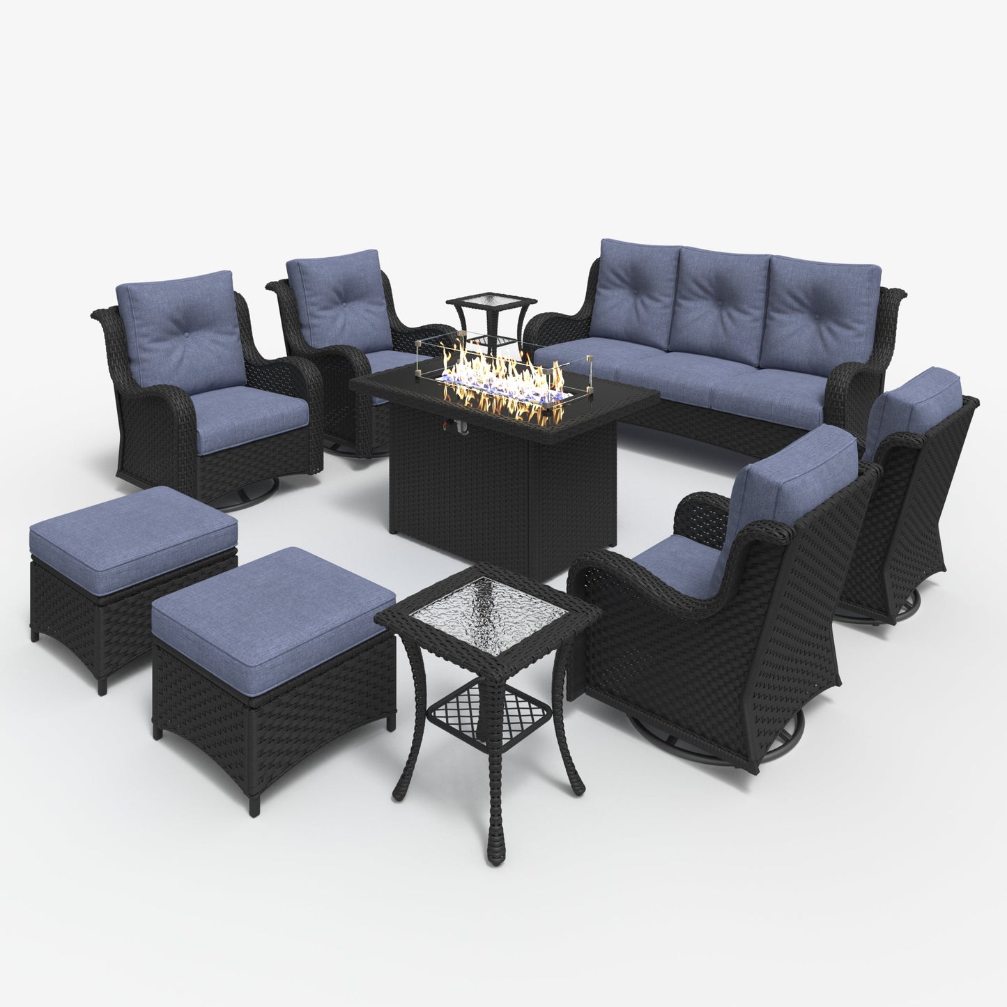 LayinSun 10 - Piece Outdoor Conversation Set with 44'' Propane Fire Pit Table and Swivel Chairs