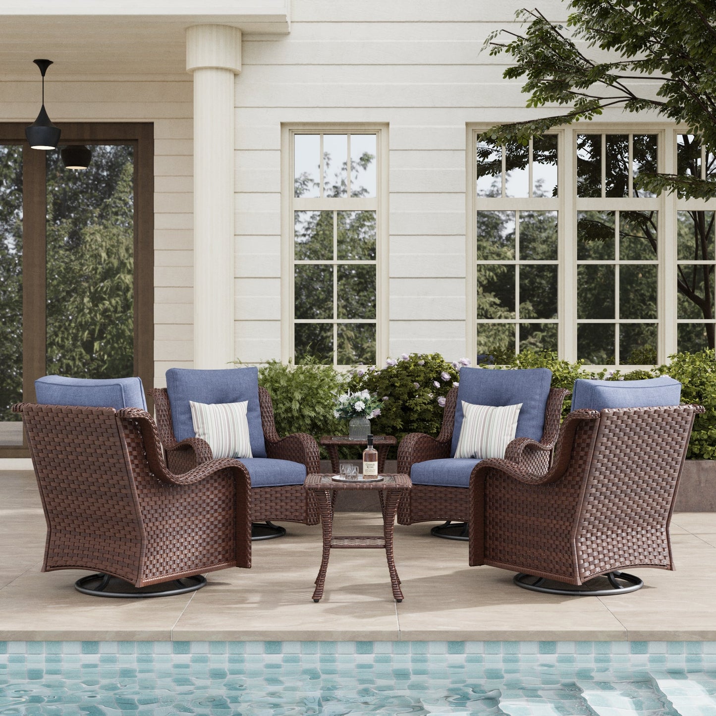 LayinSun 6-Piece Curved Armrest Wicker Swivel Glider Lounge Chairs Set