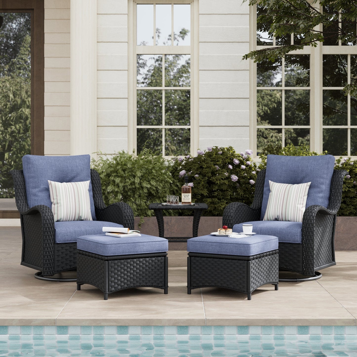 LayinSun 5 - Piece Curved Armrest Wicker Swivel Glider Lounge Chairs Set with Ottomans