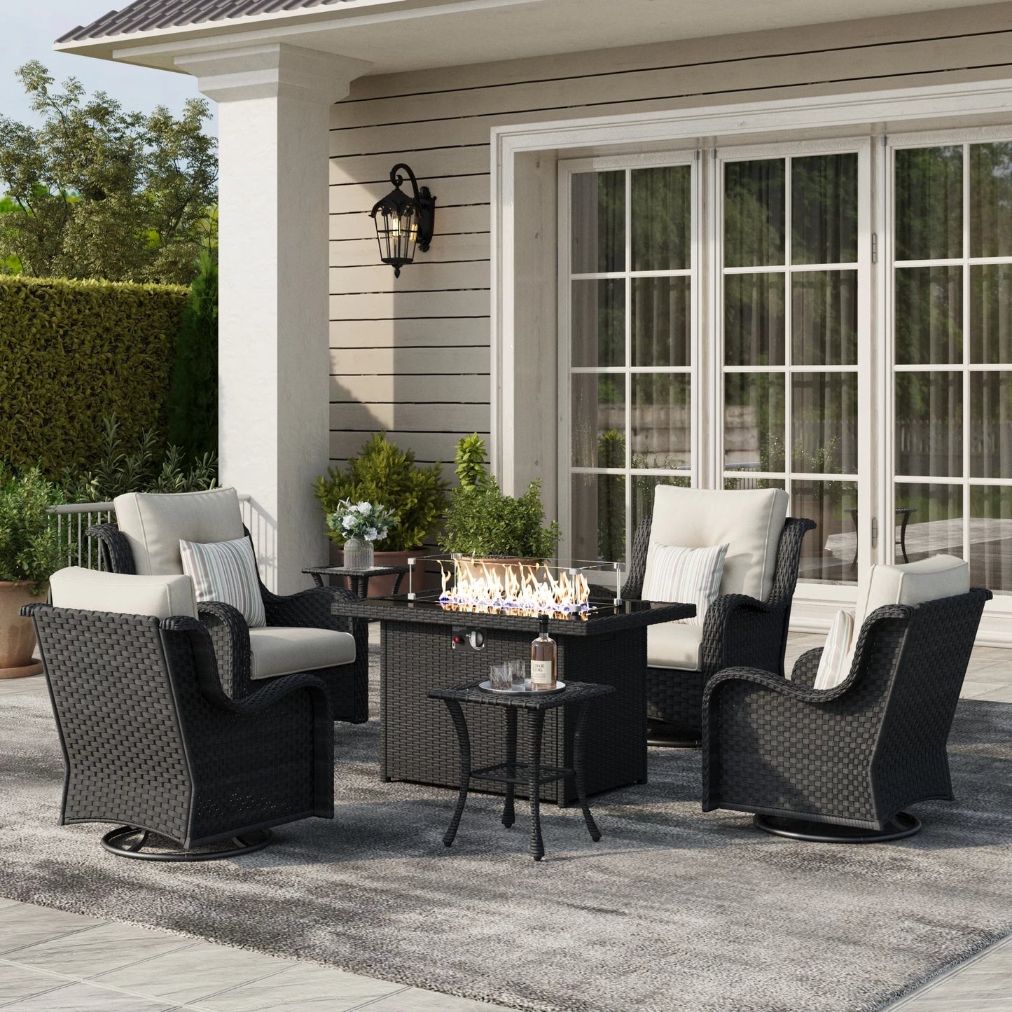 LayinSun 7 - Piece Outdoor Conversation Set with 44'' Propane Fire Pit Table and Swivel Chairs