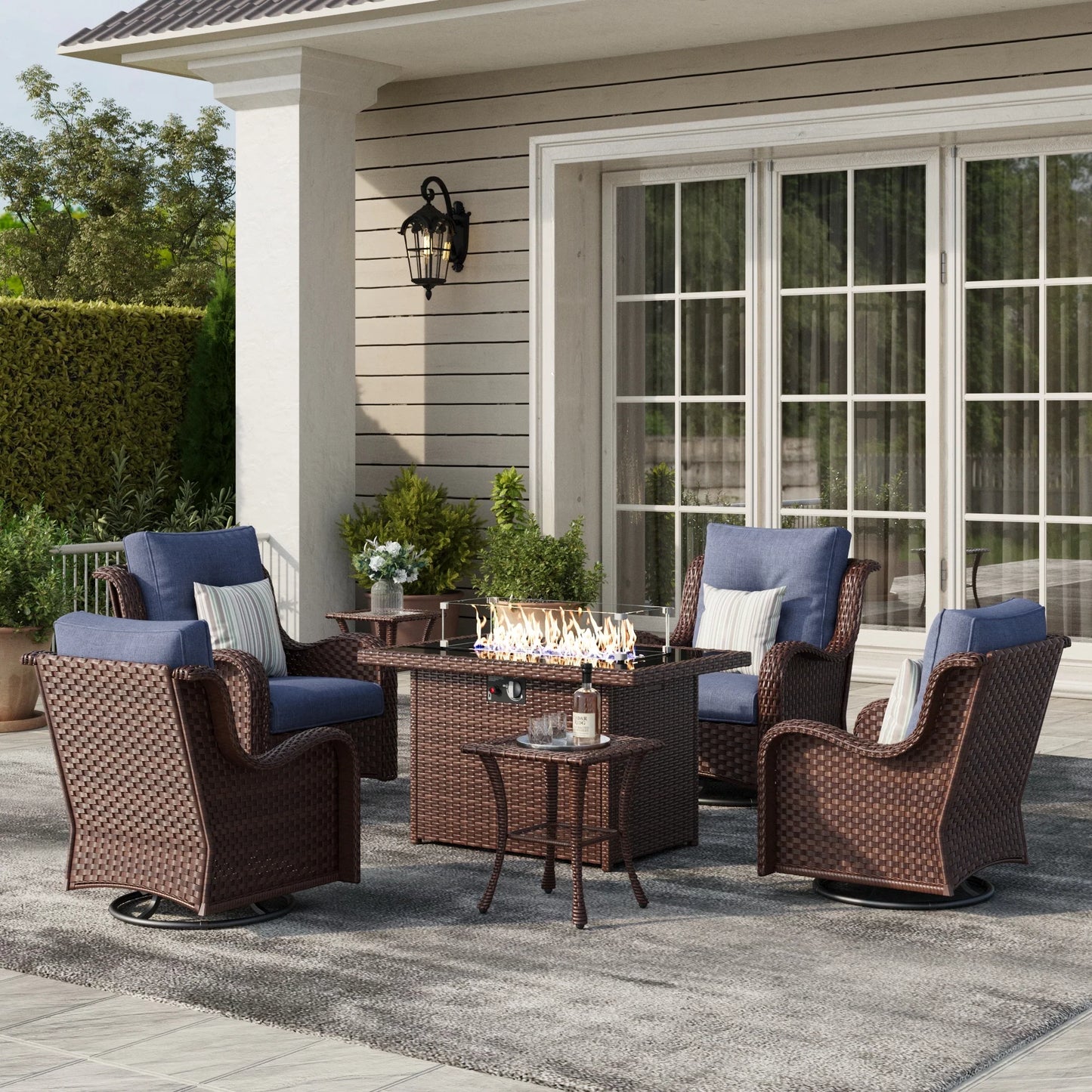 LayinSun 7 - Piece Outdoor Conversation Set with 44'' Propane Fire Pit Table and Swivel Chairs