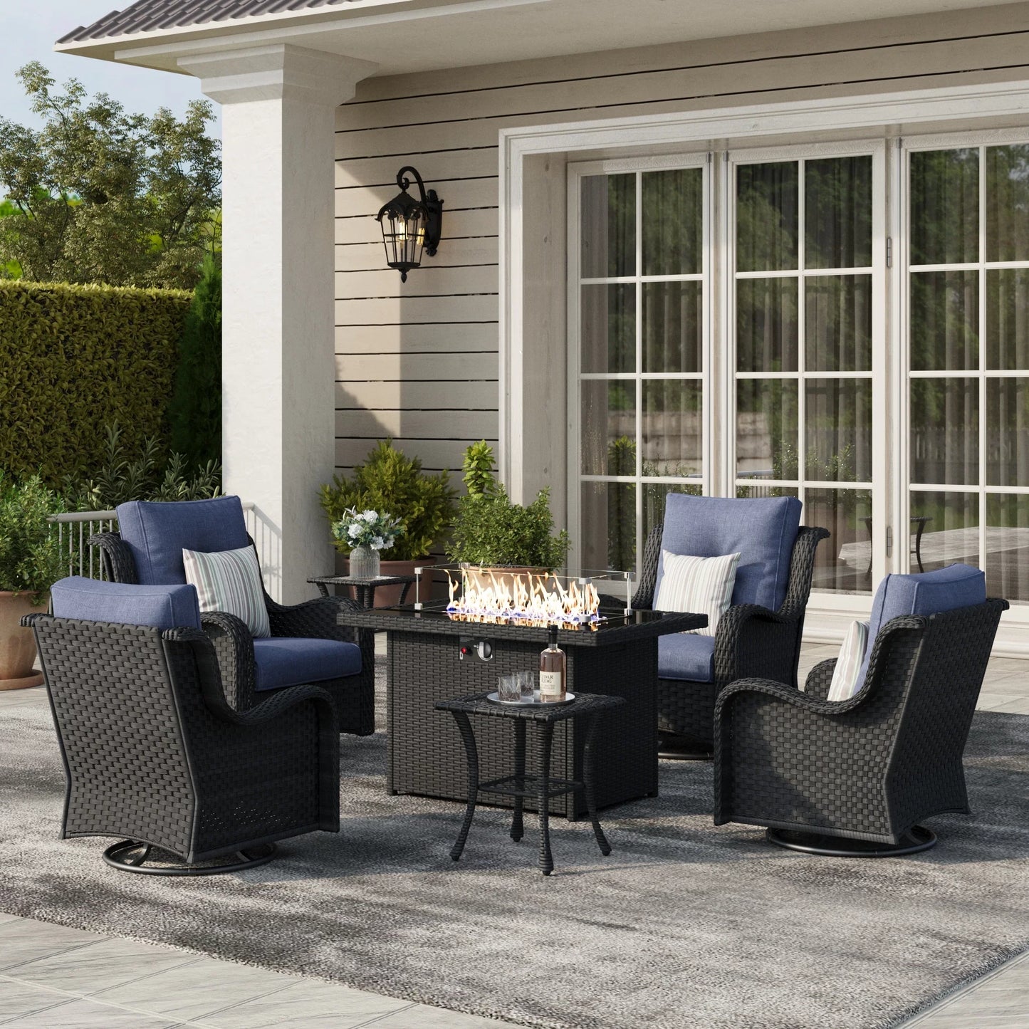 LayinSun 7 - Piece Outdoor Conversation Set with 44'' Propane Fire Pit Table and Swivel Chairs