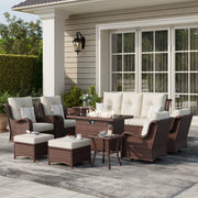 LayinSun 10 - Piece Outdoor Conversation Set with 44'' Propane Fire Pit Table and Swivel Chairs