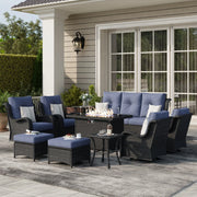 LayinSun 10 - Piece Outdoor Conversation Set with 44'' Propane Fire Pit Table and Swivel Chairs