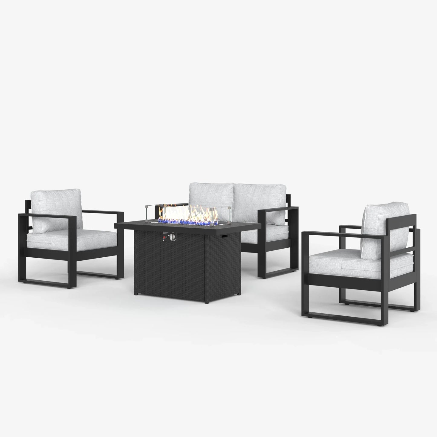 LayinSun 4 Piece Hight Back Aluminum Outdoor Loveseat Set with Propane Fire Pit Table
