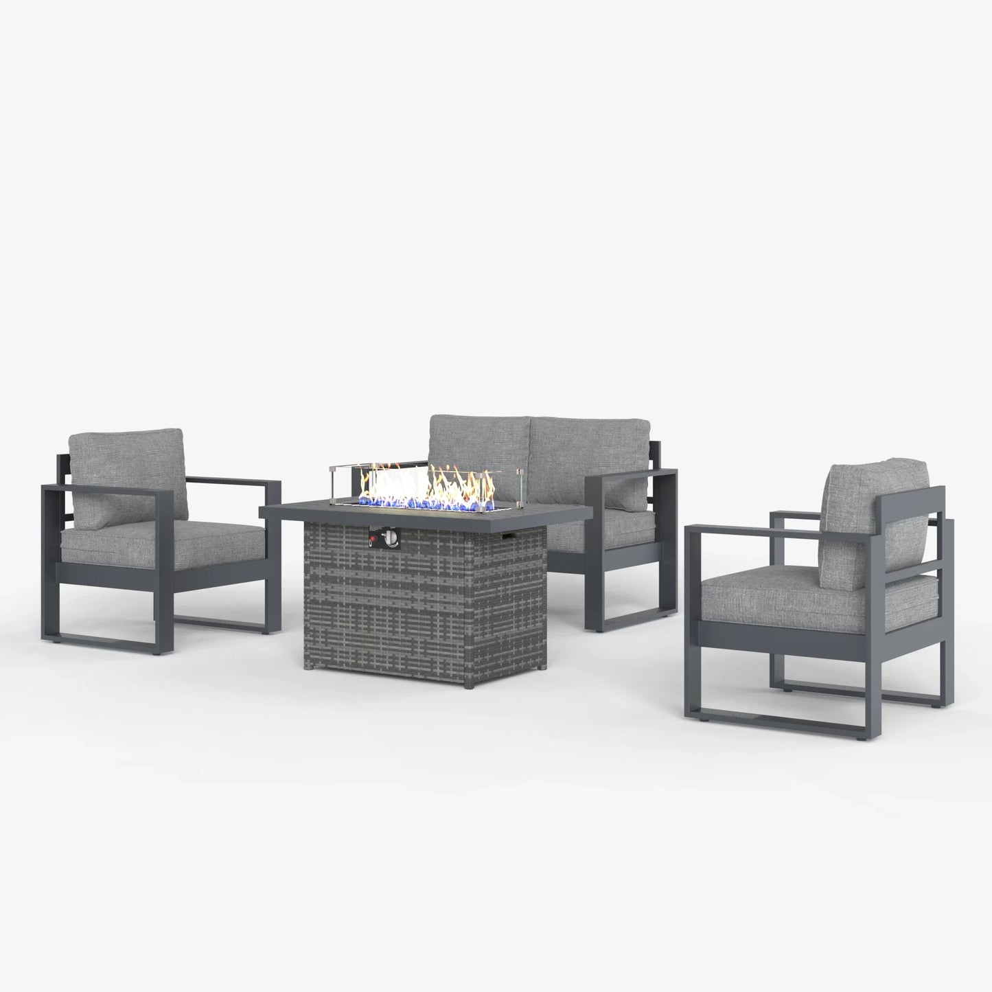 LayinSun 4 Piece Hight Back Aluminum Outdoor Loveseat Set with Propane Fire Pit Table