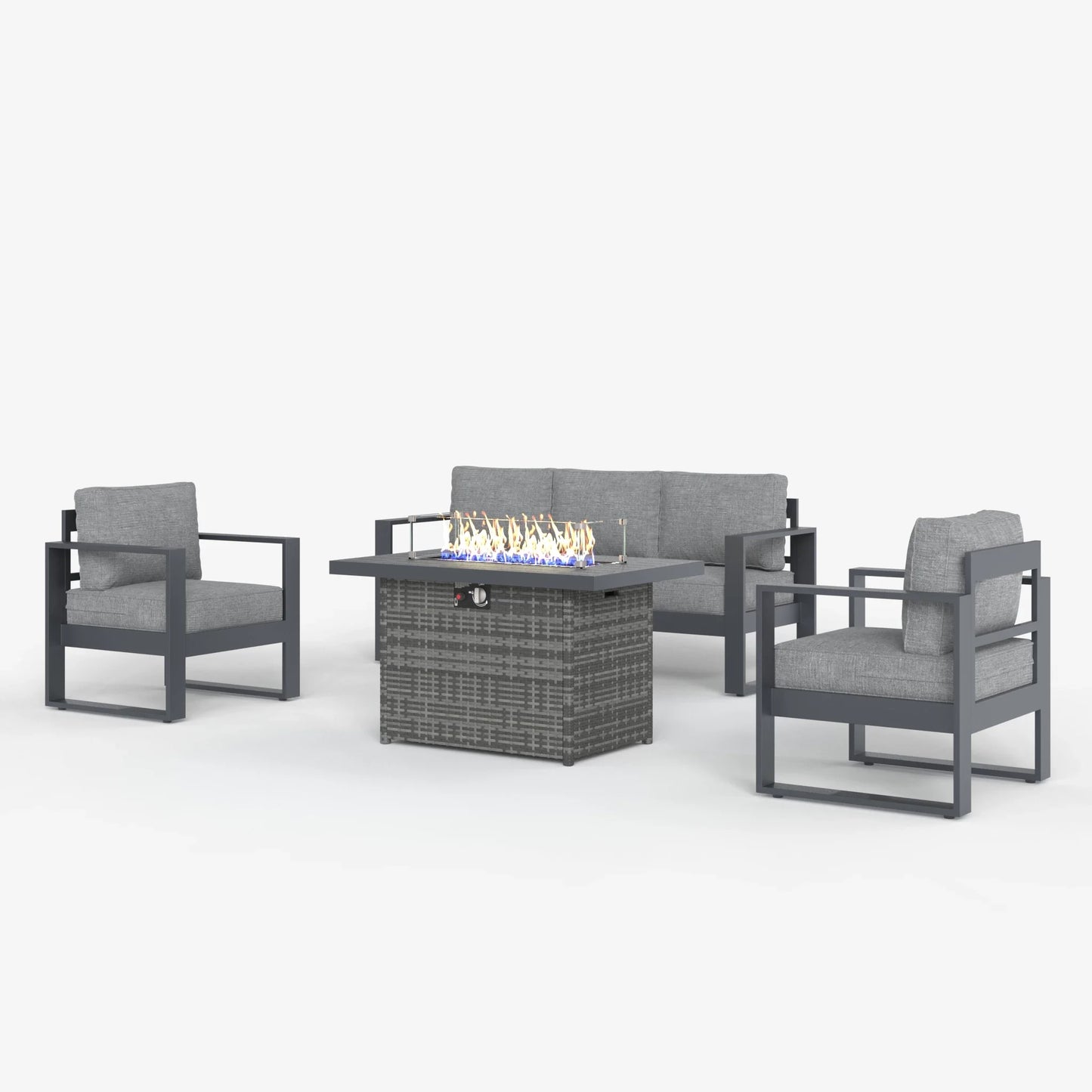 LayinSun 4 Piece Hight Back Aluminum Outdoor Sofa Set with Propane Fire Pit Table