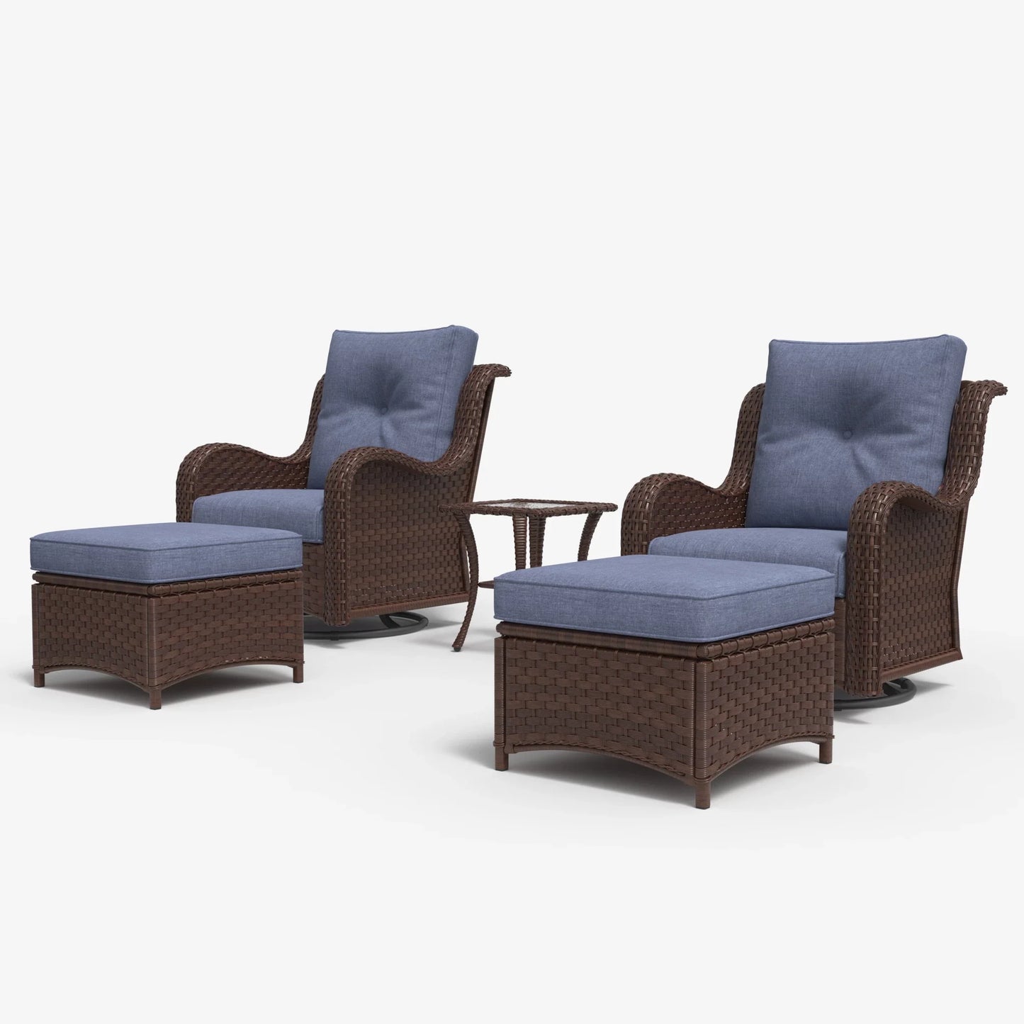 LayinSun 5 - Piece Curved Armrest Wicker Swivel Glider Lounge Chairs Set with Ottomans