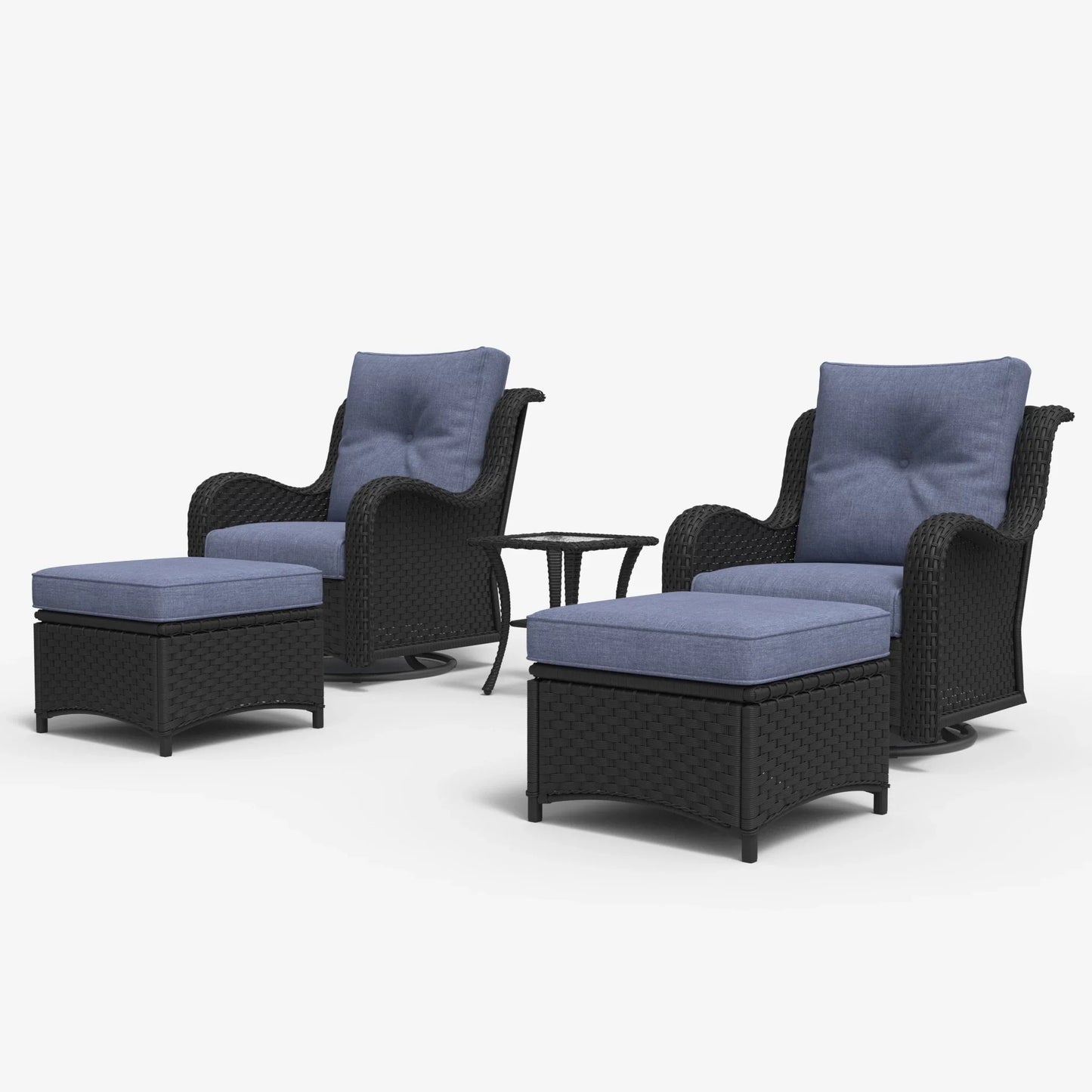 LayinSun 5 - Piece Curved Armrest Wicker Swivel Glider Lounge Chairs Set with Ottomans