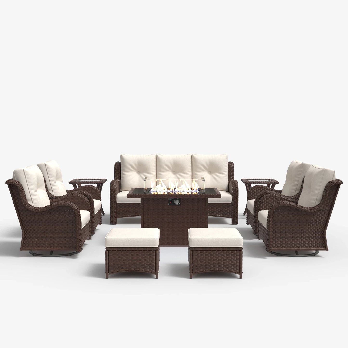 LayinSun 10 - Piece Outdoor Conversation Set with 44'' Propane Fire Pit Table and Swivel Chairs