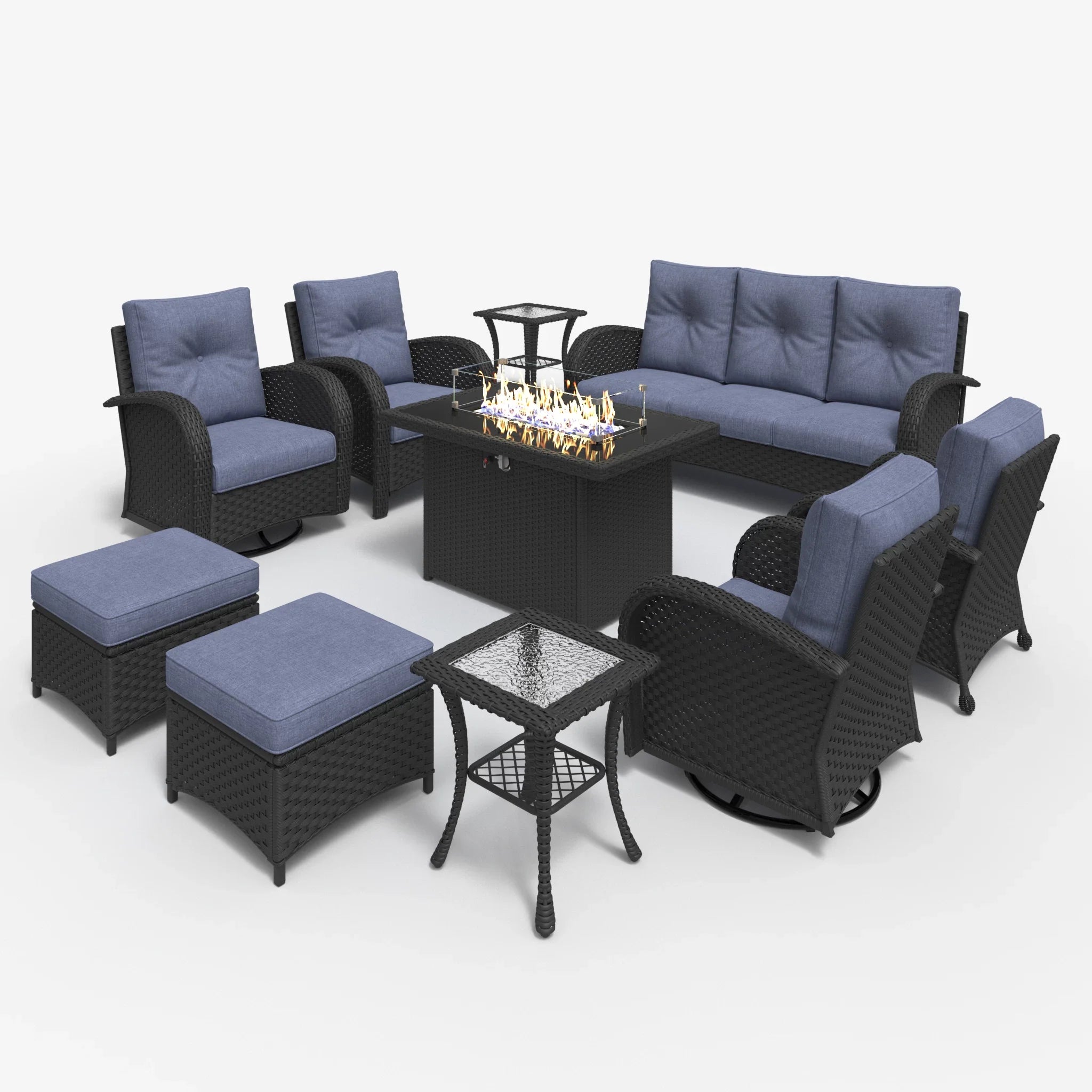 LayinSun 10 - Piece Outdoor Wicker Swivel Chairs Conversation Set with Fire Pit Table
