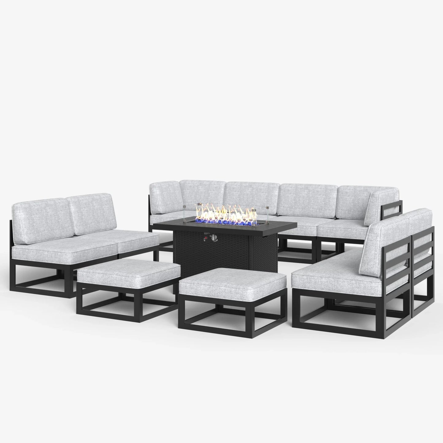LayinSun 11 - Piece Large Outdoor Modular Sectional Set with Propane Fire Pit Table