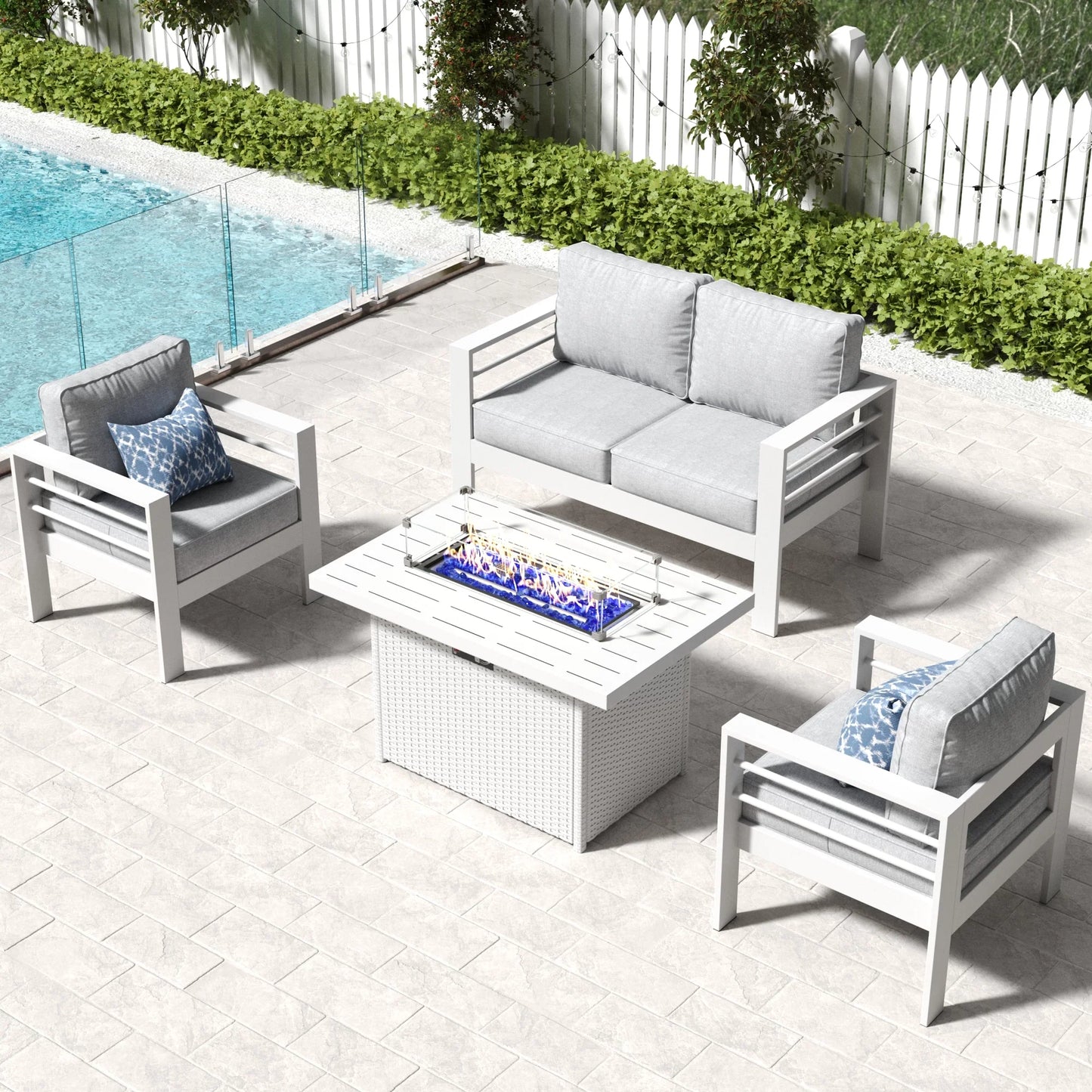LayinSun 4 - Piece Outdoor Aluminum Loveseat Set with 44'' Propane Gas Fire Pit Table