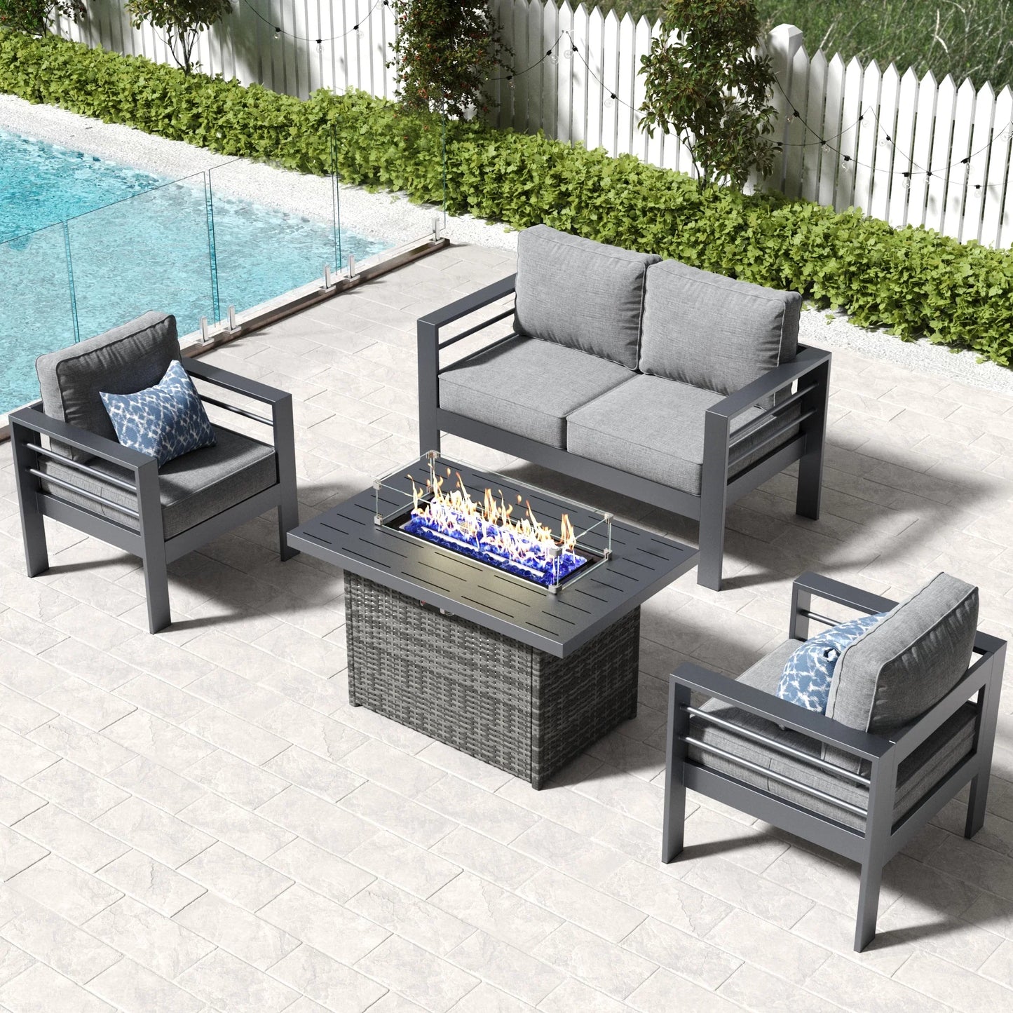 LayinSun 4 - Piece Outdoor Aluminum Loveseat Set with 44'' Propane Gas Fire Pit Table