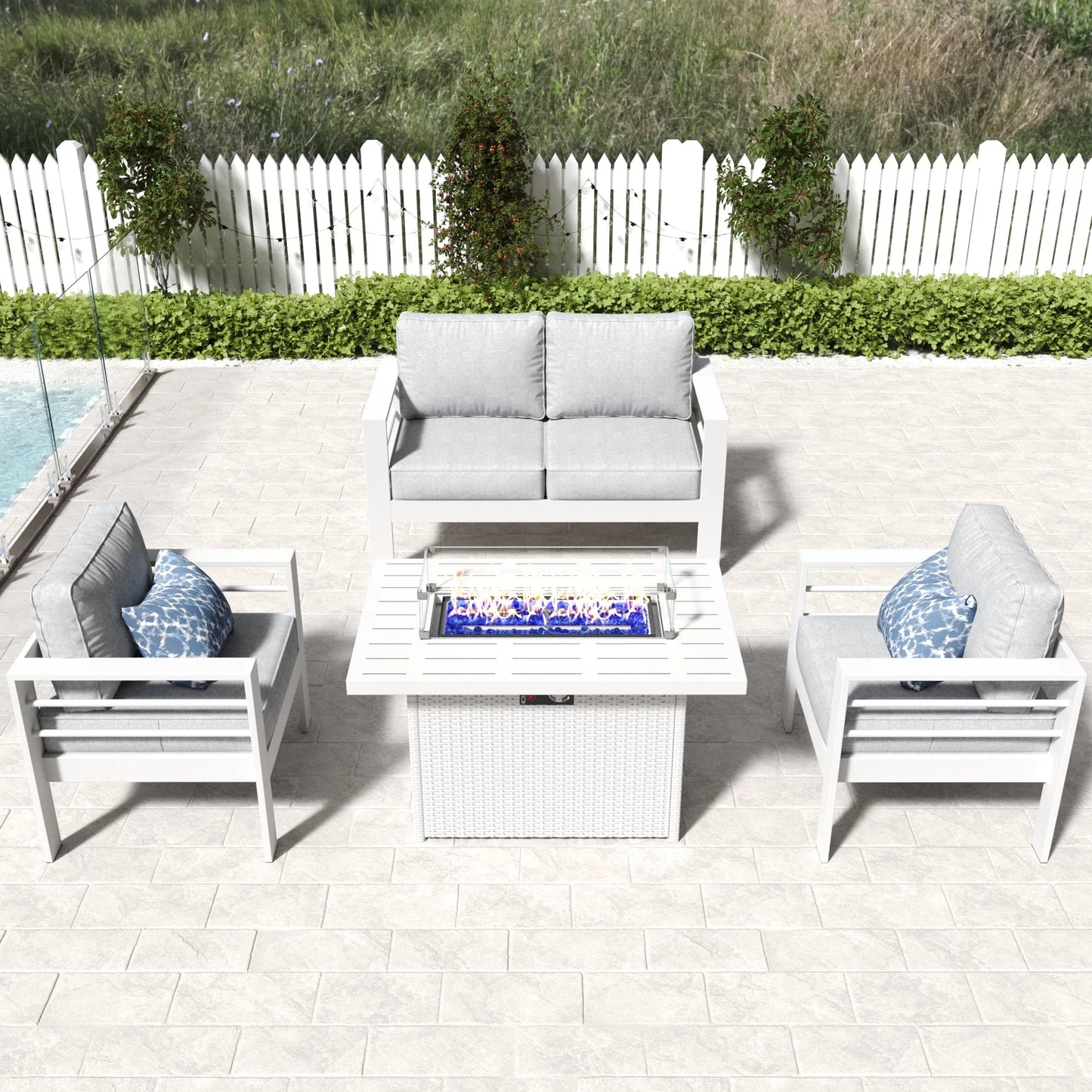 LayinSun 4 - Piece Outdoor Aluminum Loveseat Set with 44'' Propane Gas Fire Pit Table