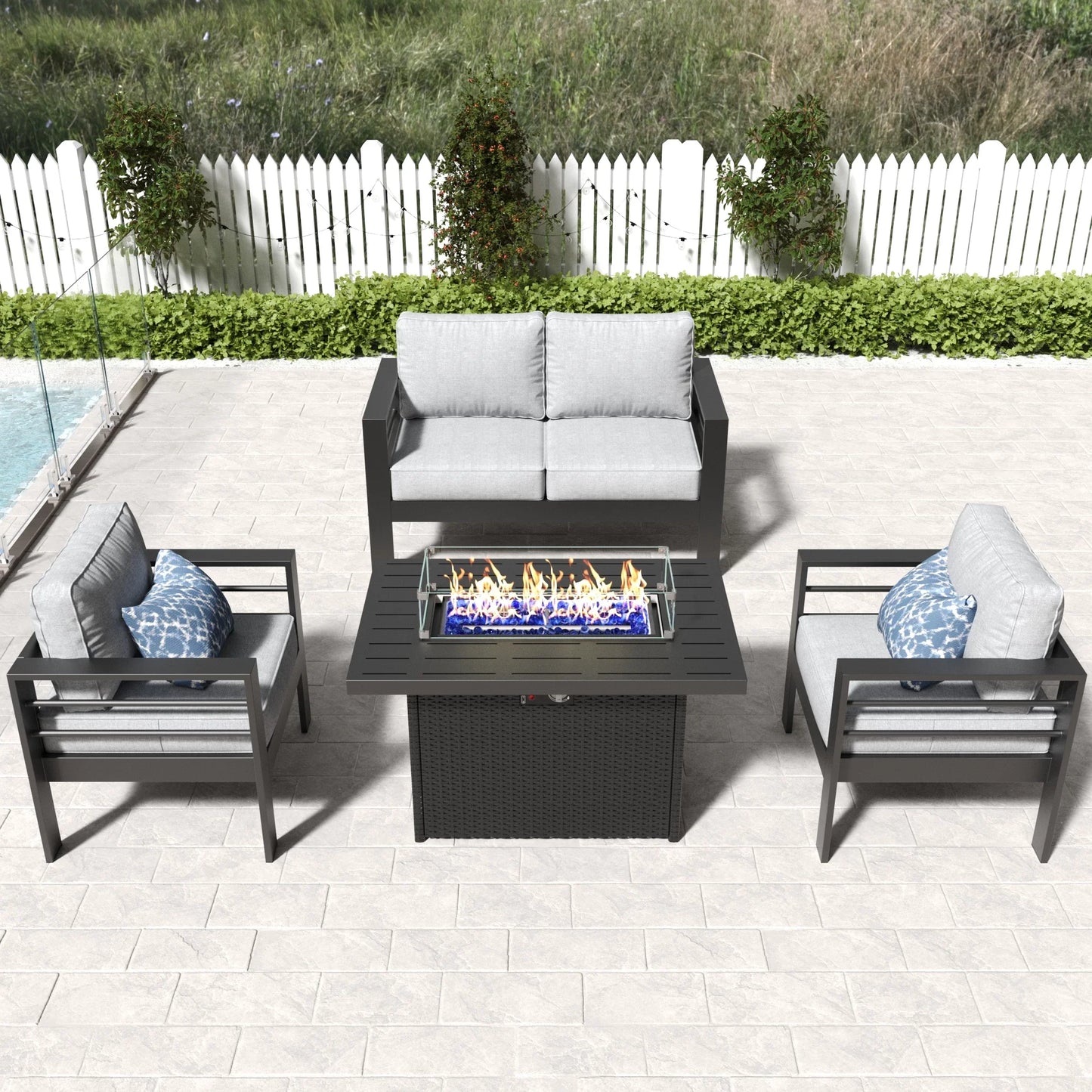 LayinSun 4 - Piece Outdoor Aluminum Loveseat Set with 44'' Propane Gas Fire Pit Table