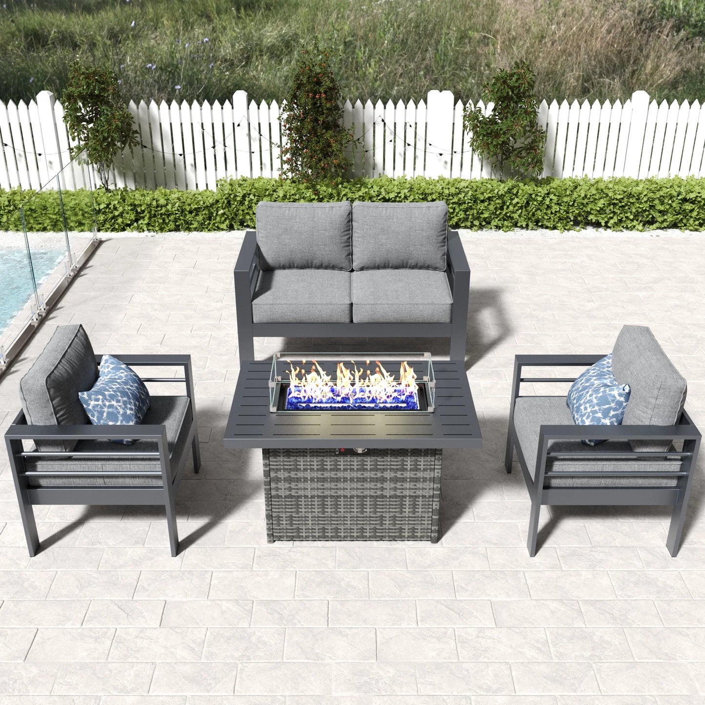 LayinSun 4 - Piece Outdoor Aluminum Loveseat Set with 44'' Propane Gas Fire Pit Table