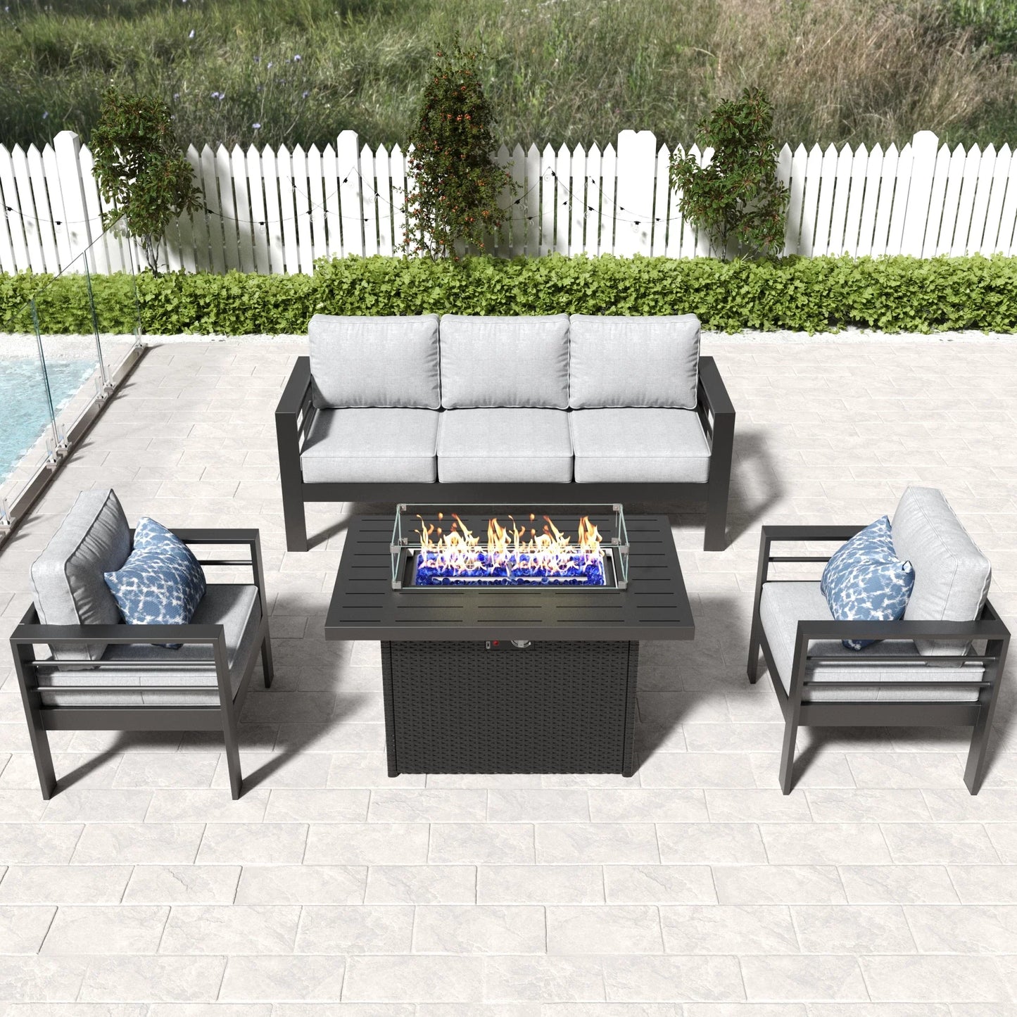 LayinSun 4 - Piece Outdoor Aluminum Sofa Set with 44'' Propane Gas Fire Pit Table