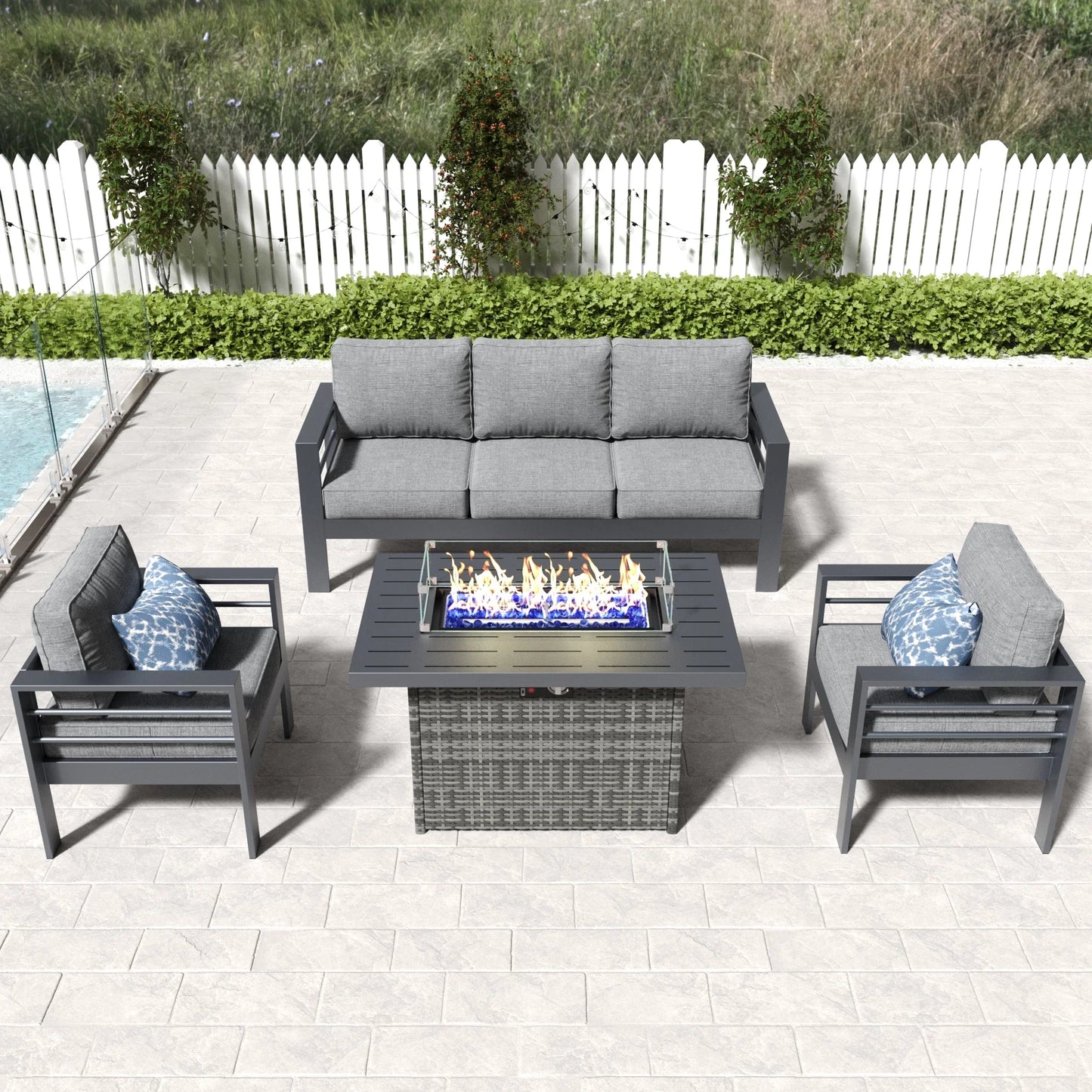 LayinSun 4 - Piece Outdoor Aluminum Sofa Set with 44'' Propane Gas Fire Pit Table