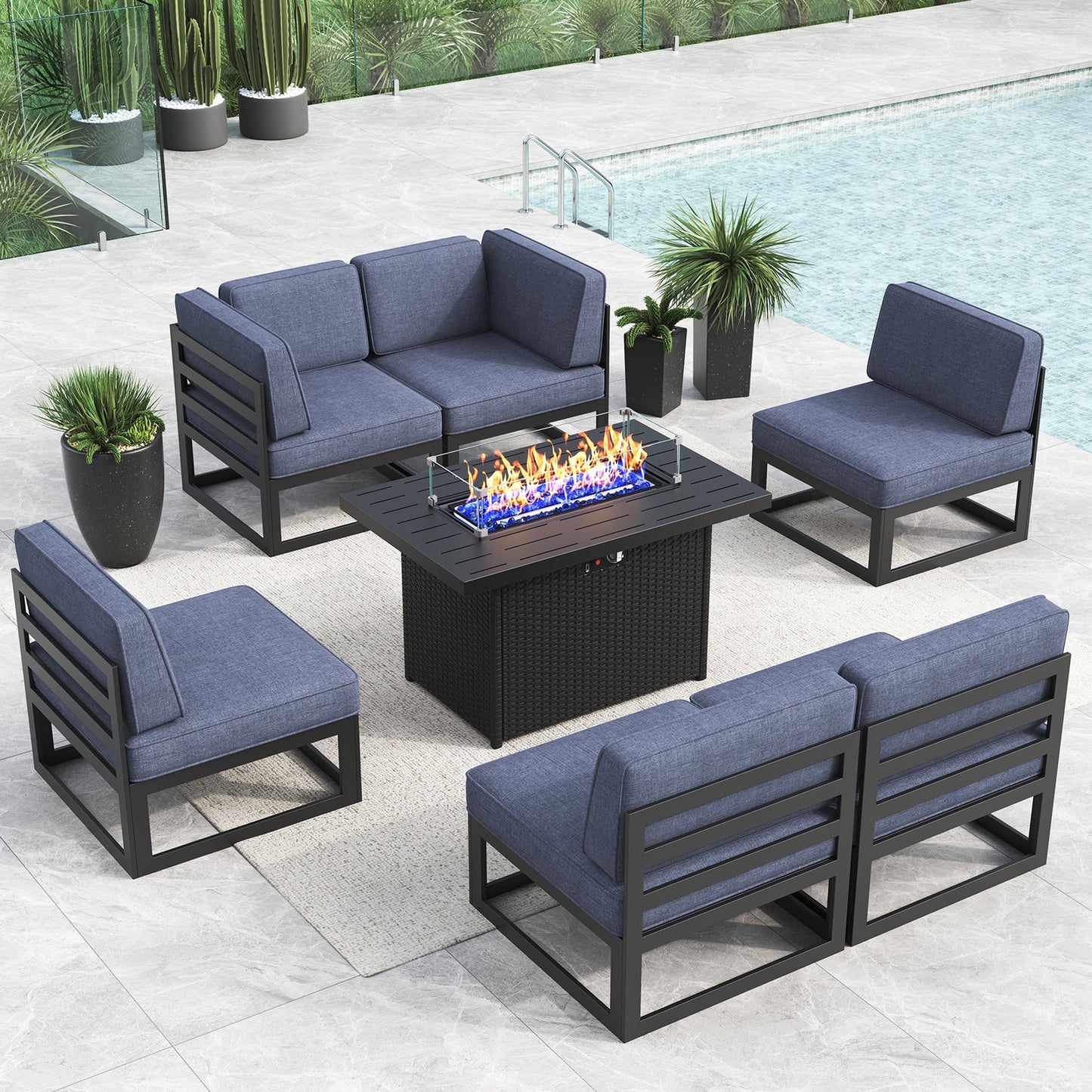 LayinSun 7 - Piece Large Outdoor Modular Sectional Set with Propane Fire Pit Table