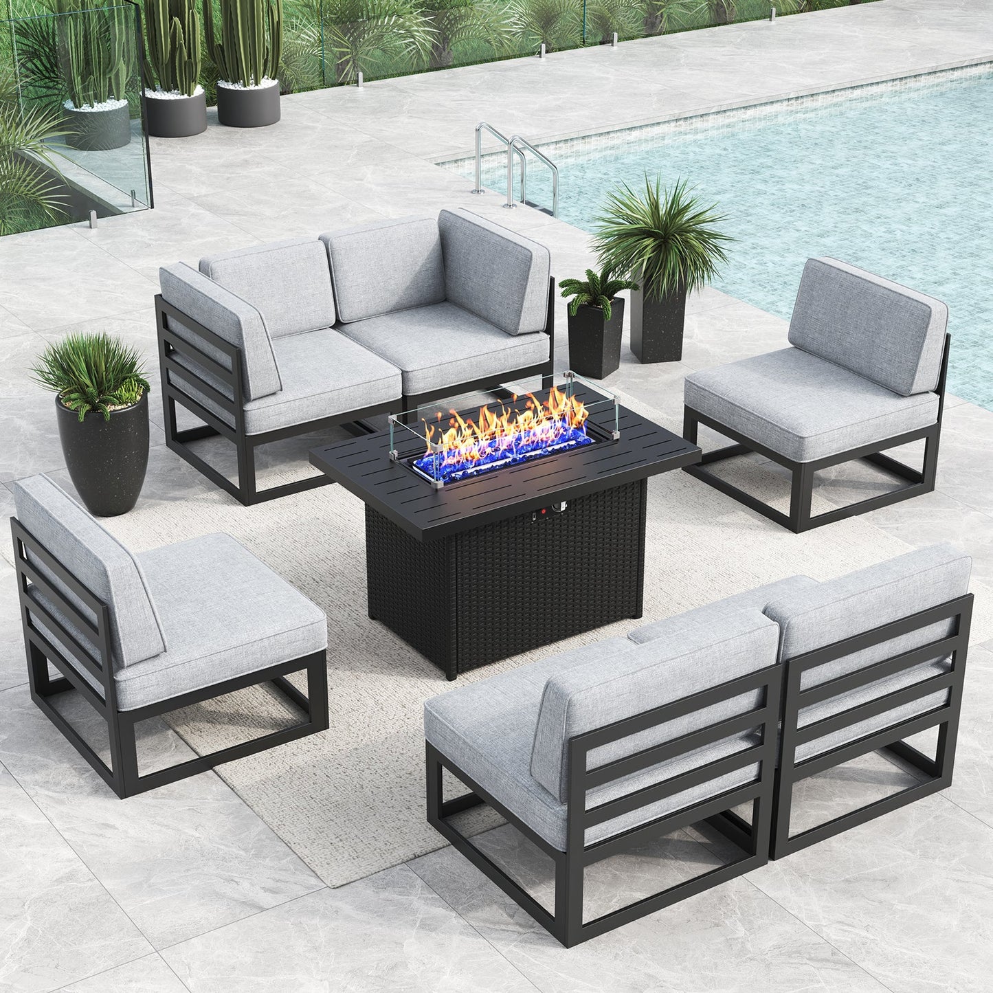 LayinSun 7 - Piece Large Outdoor Modular Sectional Set with Propane Fire Pit Table