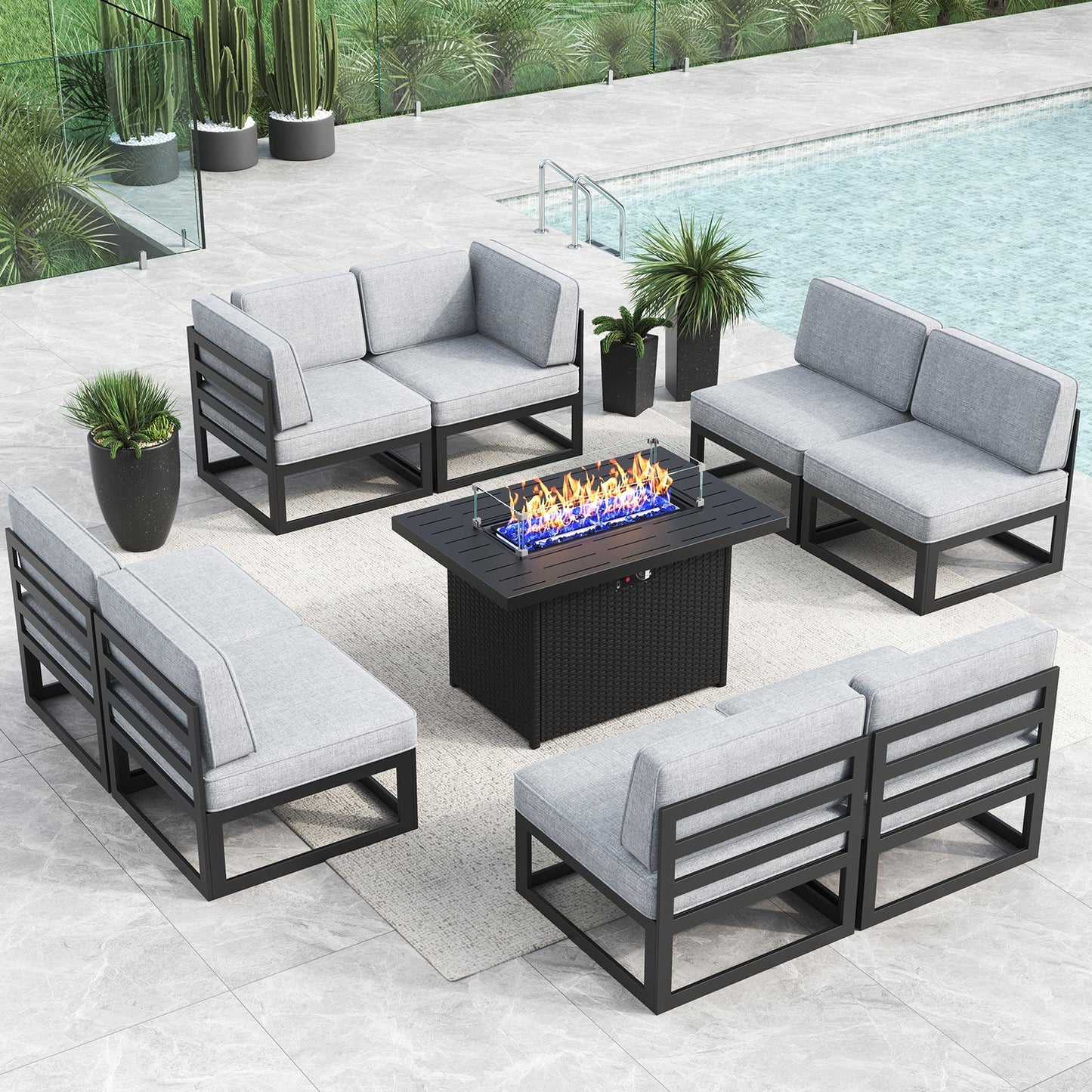 LayinSun 9 - Piece Large Outdoor Modular Sectional Set with Propane Fire Pit Table