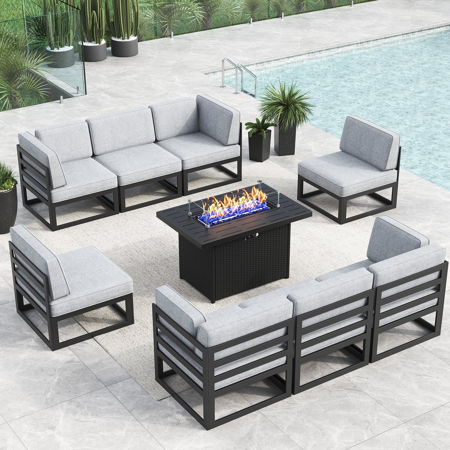 LayinSun 9 - Piece Large Outdoor Modular Sectional Set with Propane Fire Pit Table
