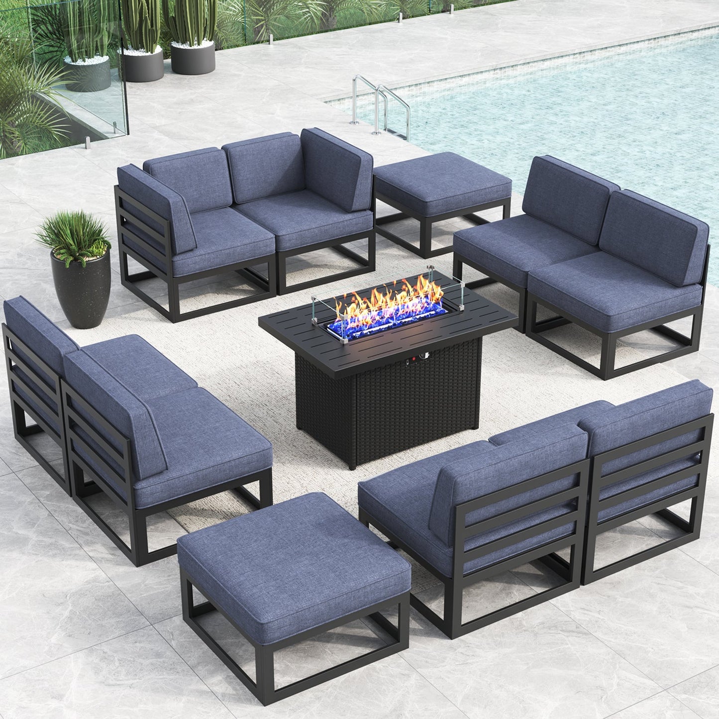 LayinSun 11 - Piece Large Outdoor Modular Sectional Set with Propane Fire Pit Table