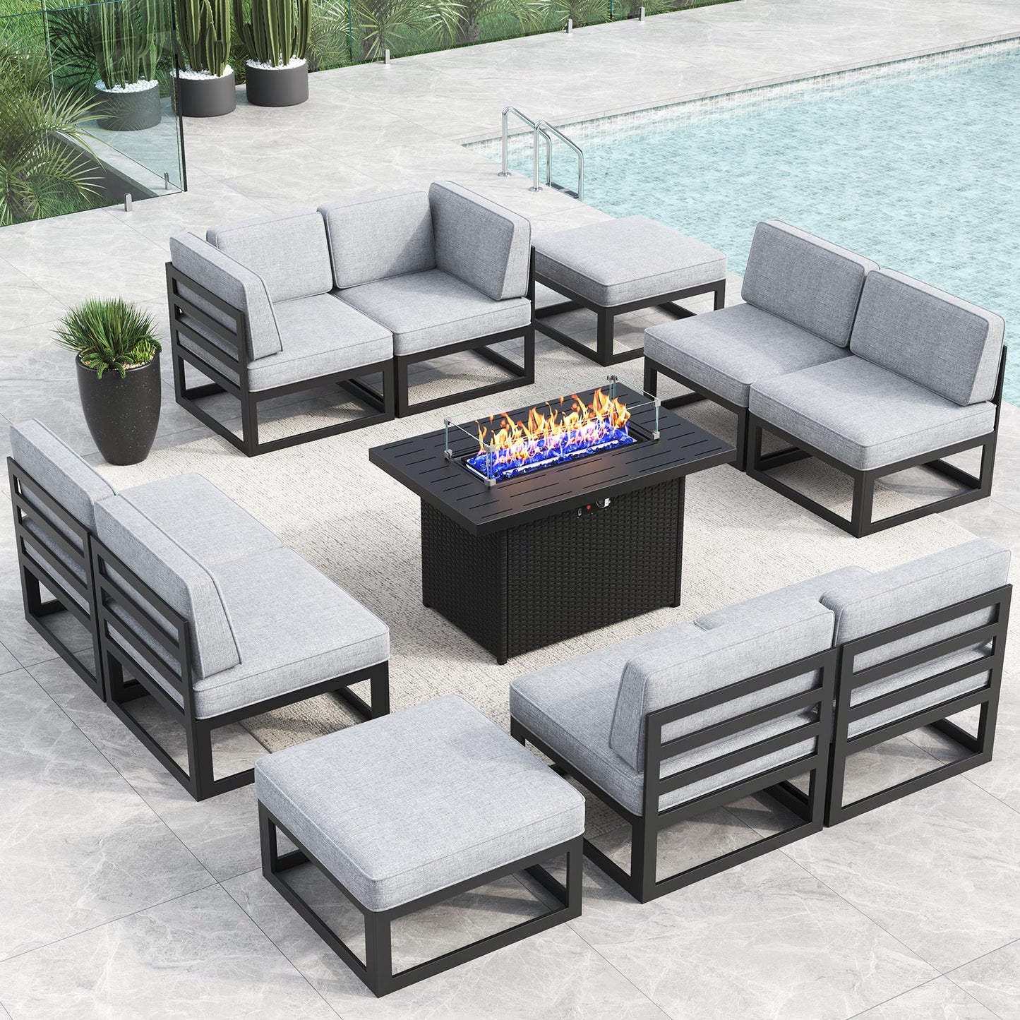 LayinSun 11 - Piece Large Outdoor Modular Sectional Set with Propane Fire Pit Table