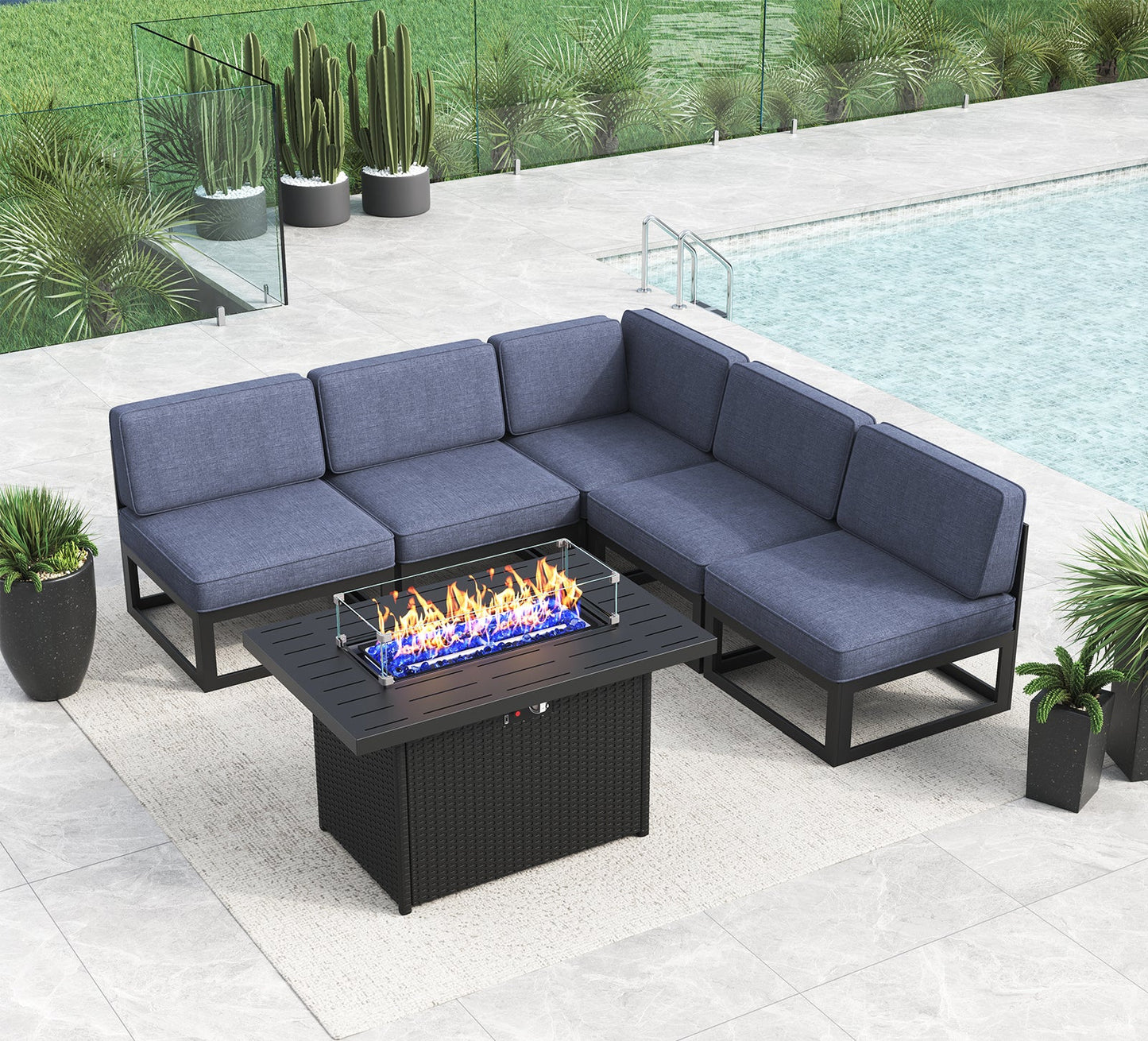 LayinSun 6 - Piece Large Outdoor Modular L Sectional Set with Propane Fire Pit Table