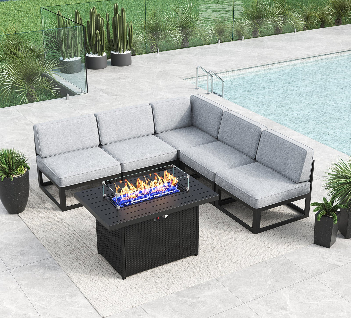 LayinSun 6 - Piece Large Outdoor Modular L Sectional Set with Propane Fire Pit Table