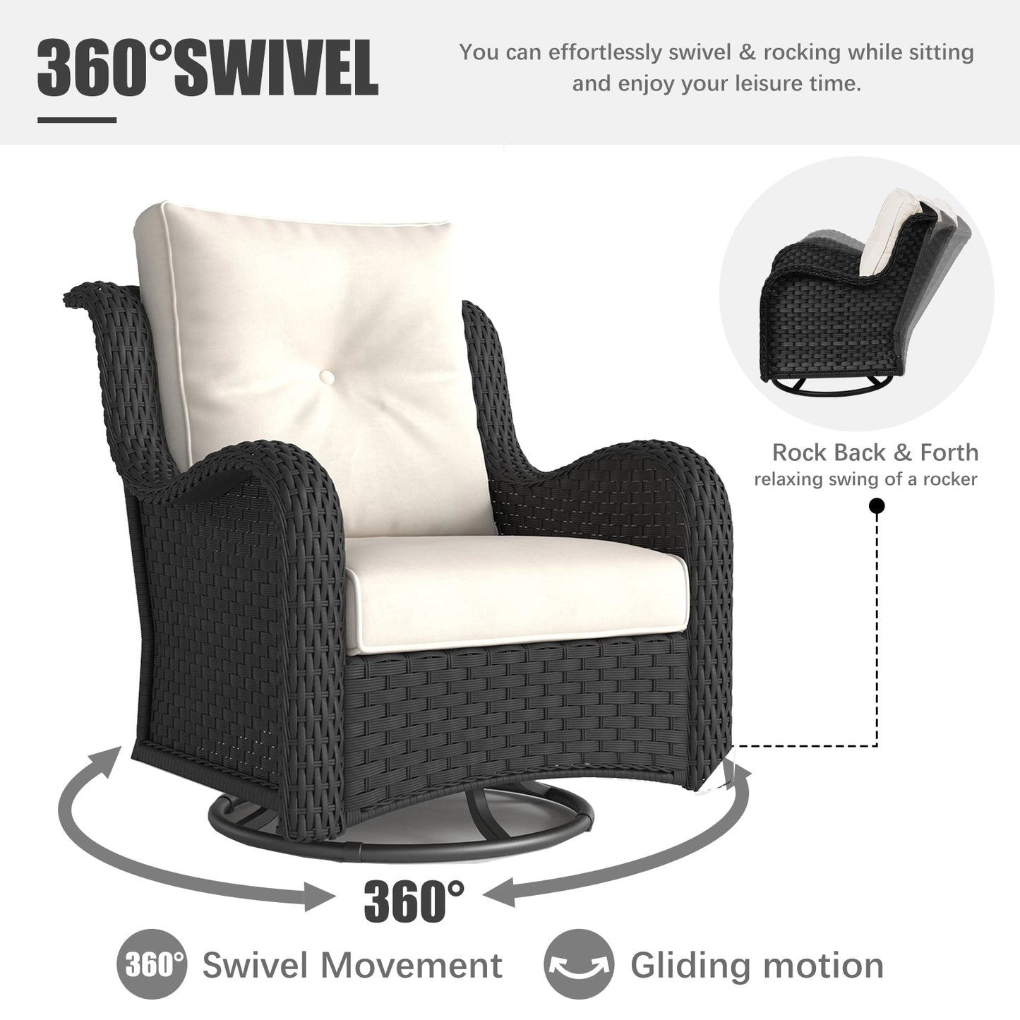 LayinSun 3 - Piece Curved Armrest Wicker Swivel Glider Lounge Chairs Set