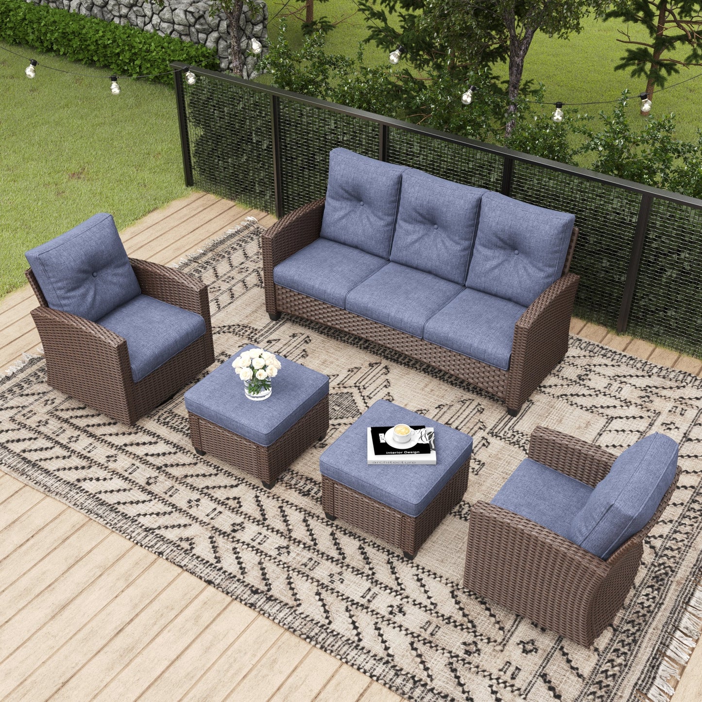 LayinSun 5 Pieces Traditional Patio Furniture Set with Wicker Swivel Chairs